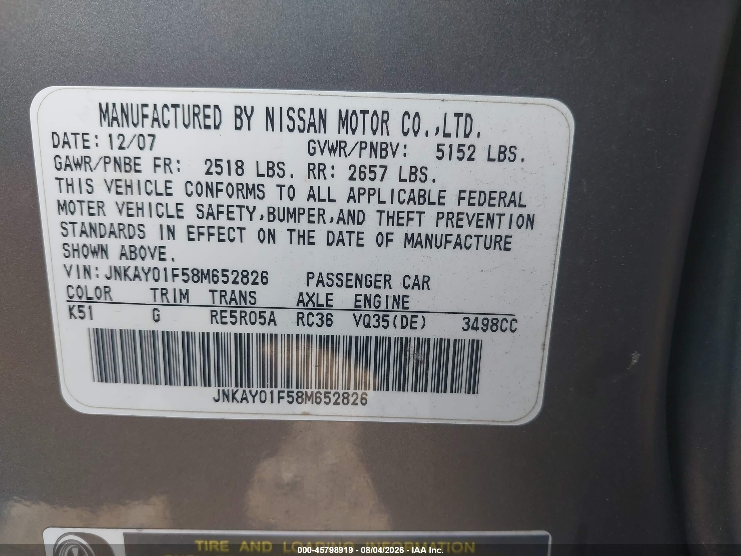 2008 Infiniti M35x   Gray vin: JNKAY01F58M652826