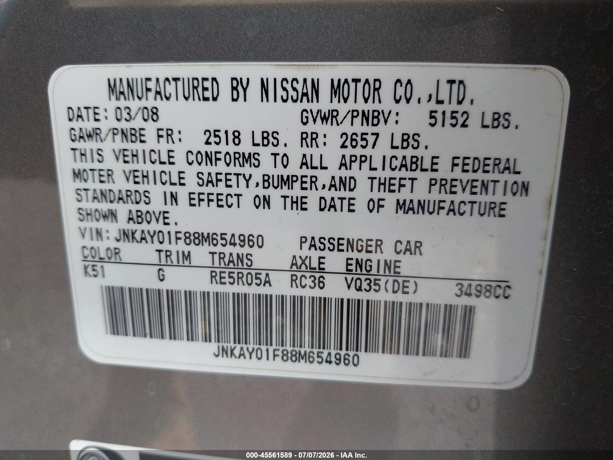 2008 Infiniti M35x   Gray vin: JNKAY01F88M654960