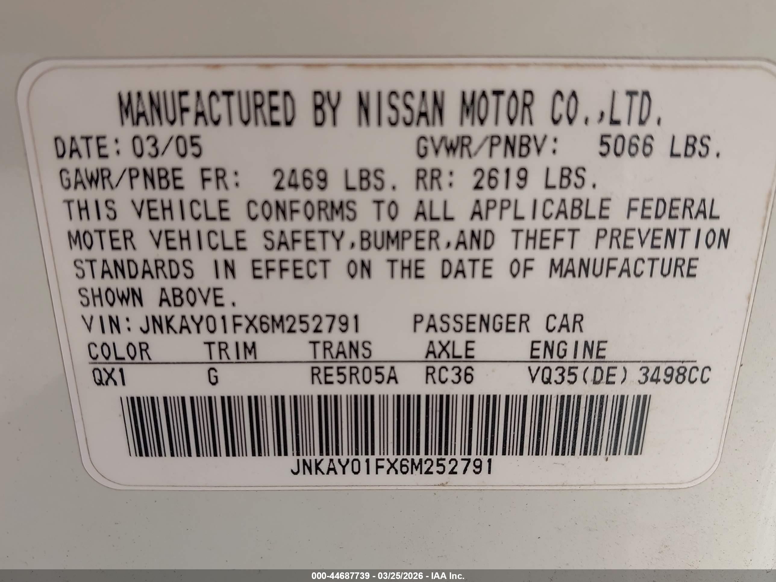 2006 Infiniti M35x   White vin: JNKAY01FX6M252791