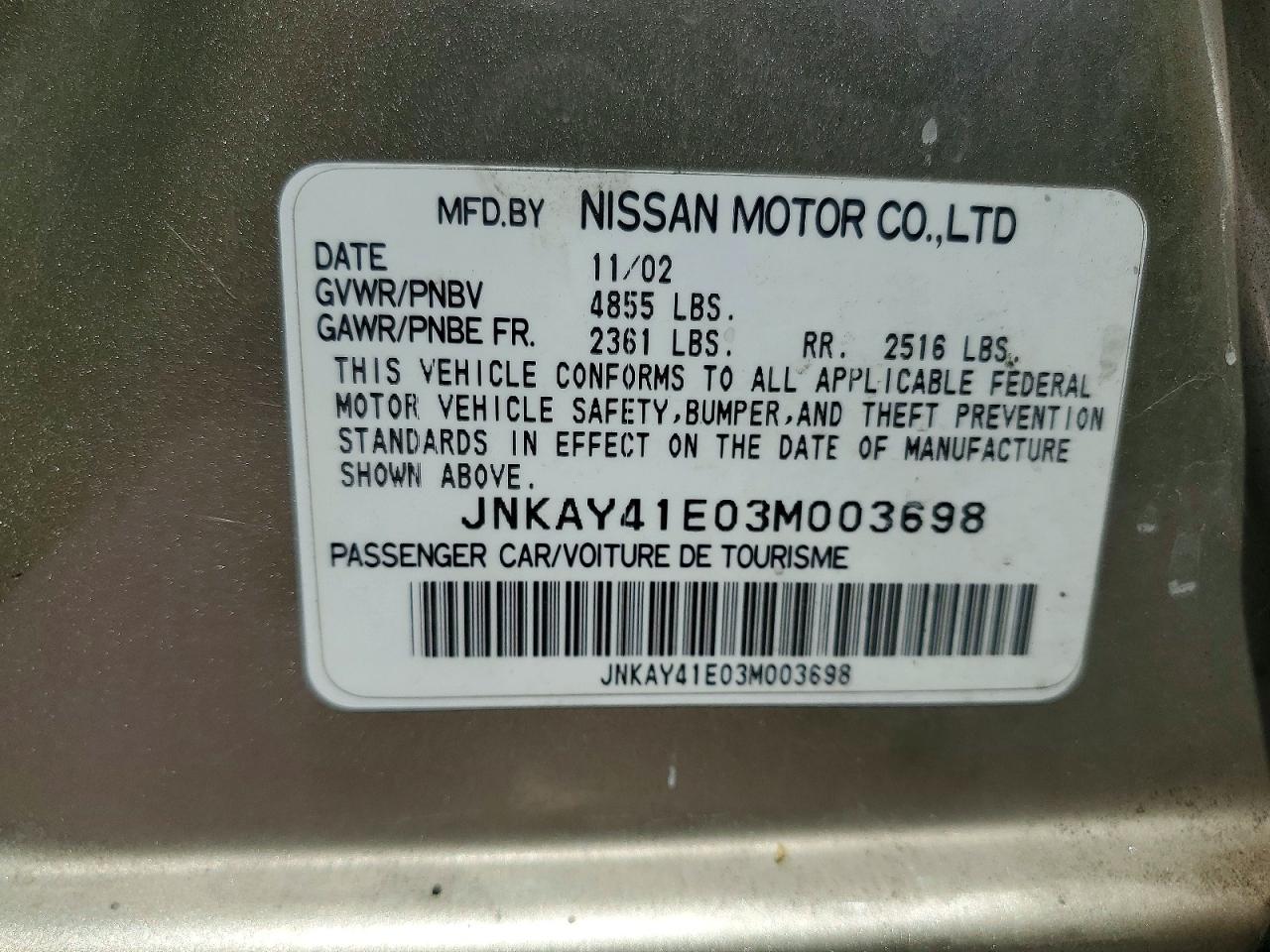 2003 Infiniti M45 Base Gold vin: JNKAY41E03M003698