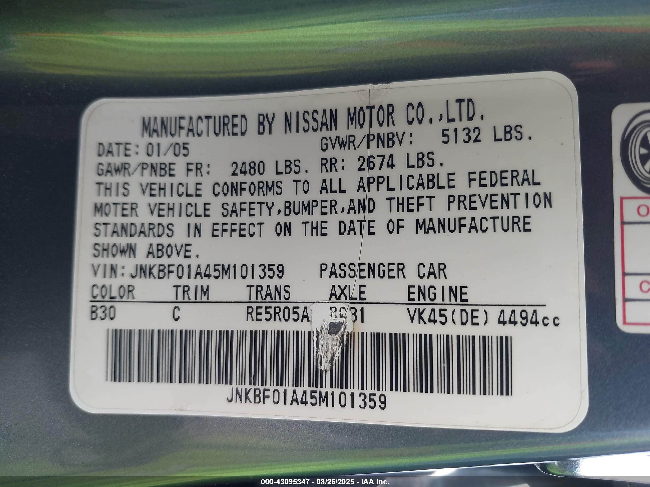 2005 Infiniti Q45   Blue vin: JNKBF01A45M101359