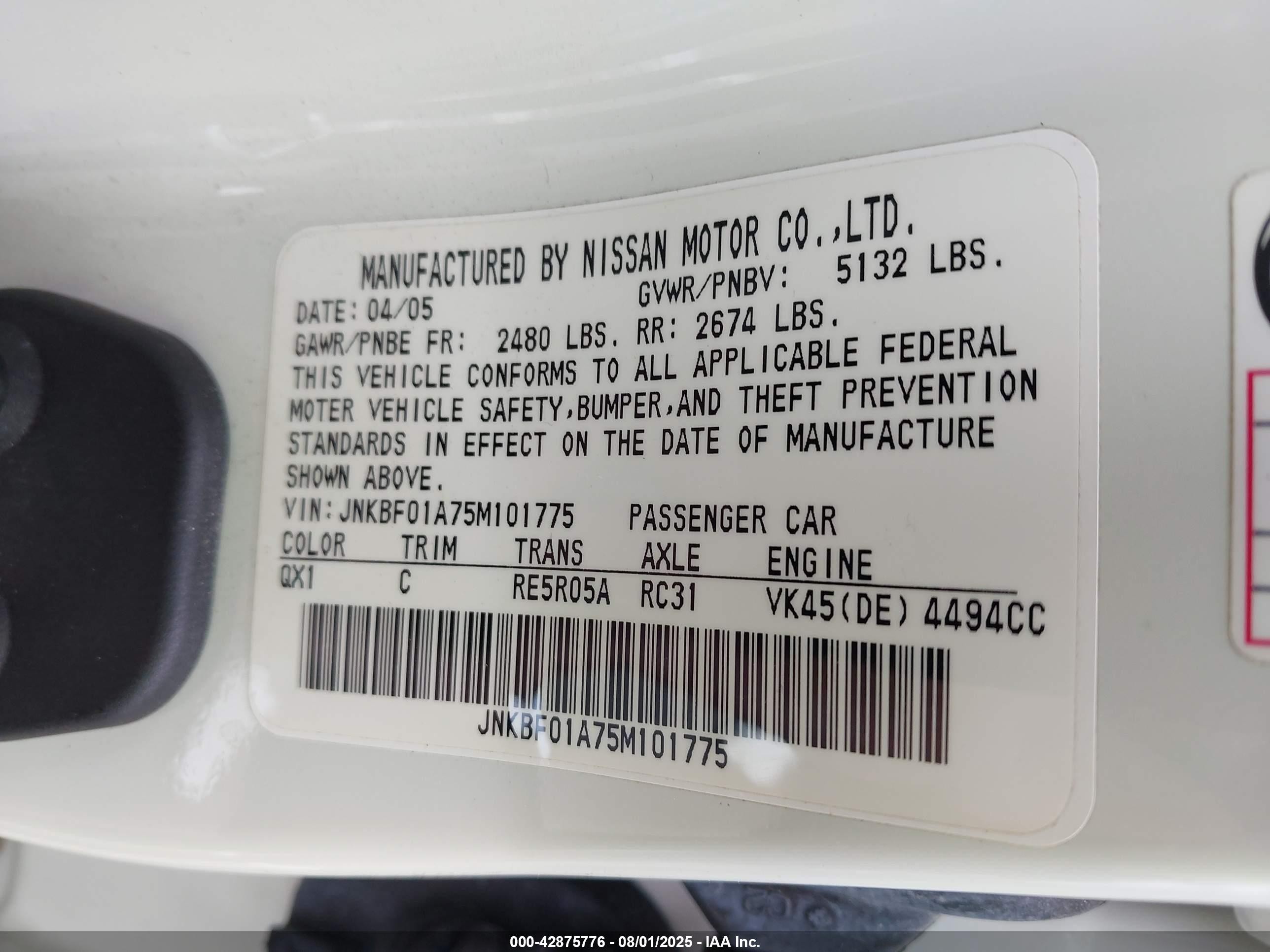 2005 Infiniti Q45   White vin: JNKBF01A75M101775