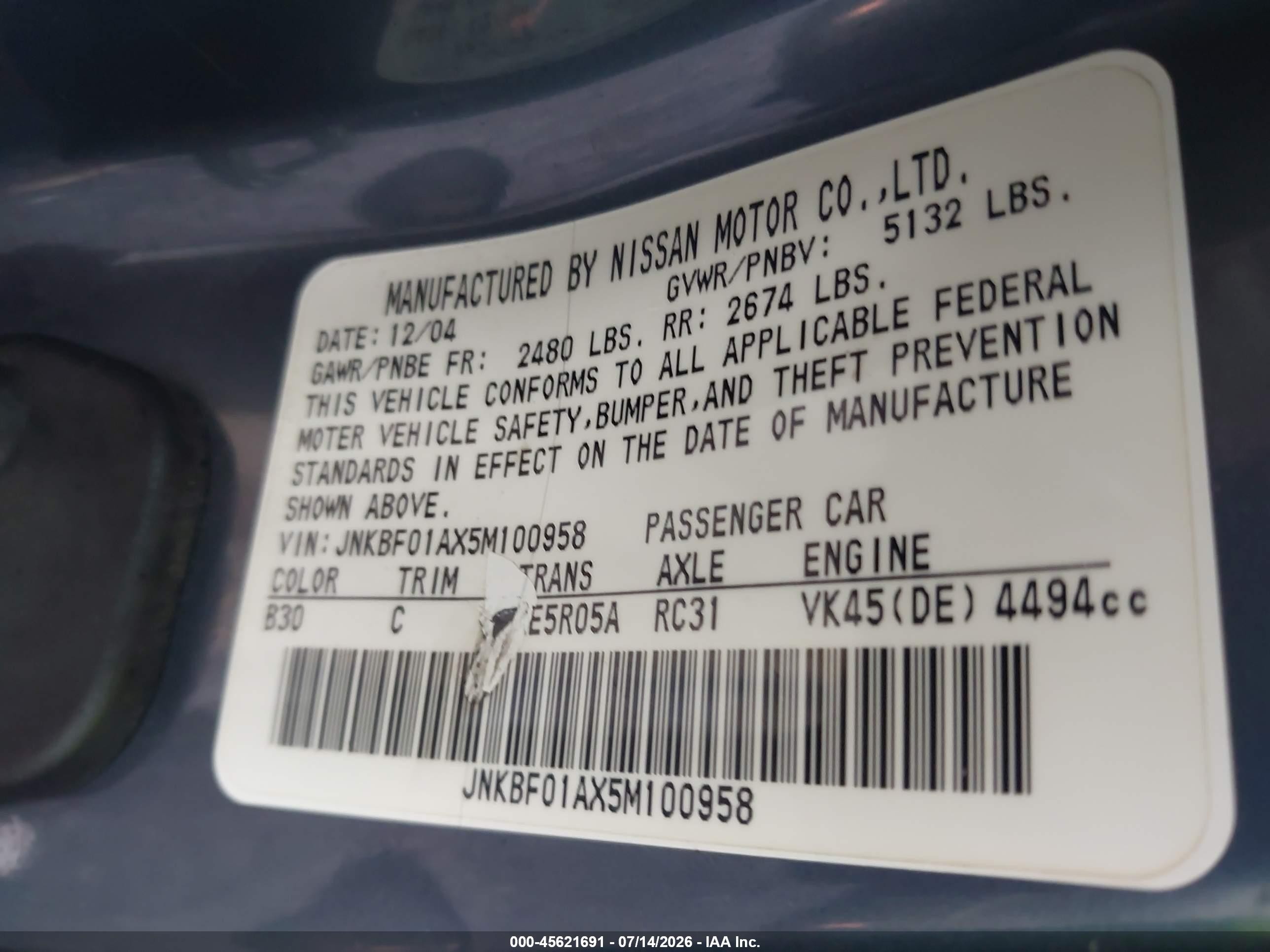 2005 Infiniti Q45   Light Blue vin: JNKBF01AX5M100958