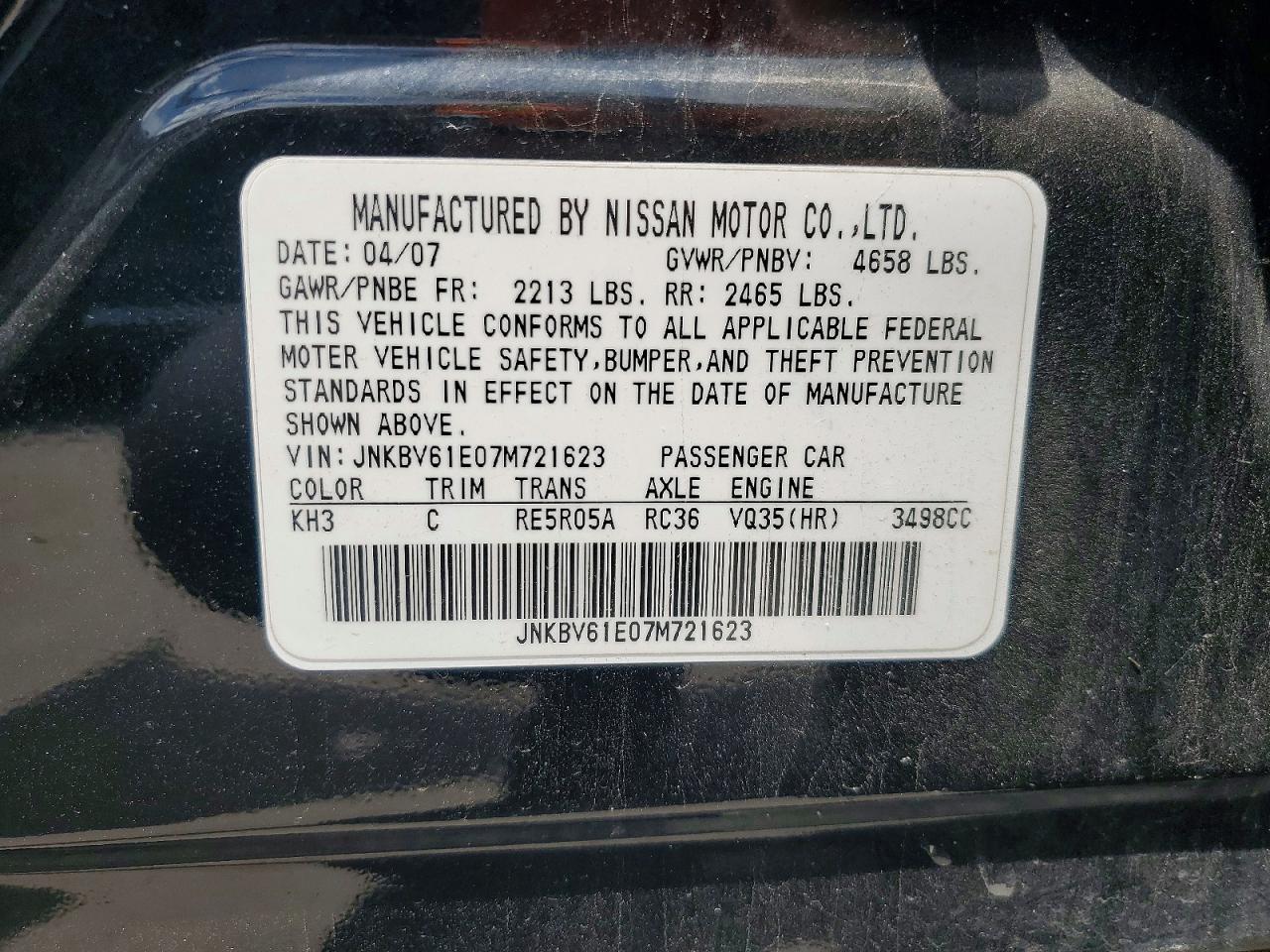 2007 Infiniti G35 Base Black vin: JNKBV61E07M721623