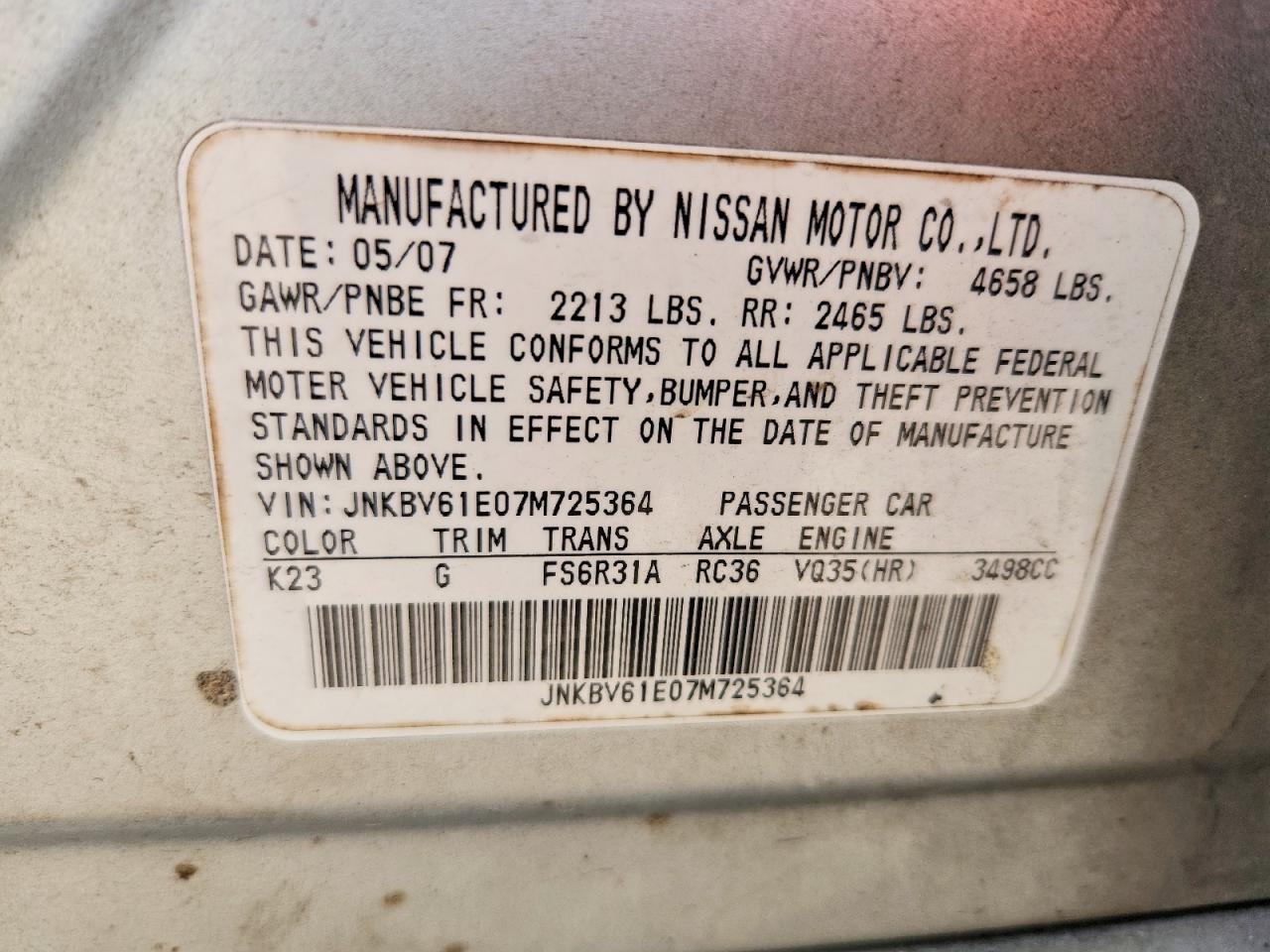 2007 Infiniti G35 Base Silver vin: JNKBV61E07M725364