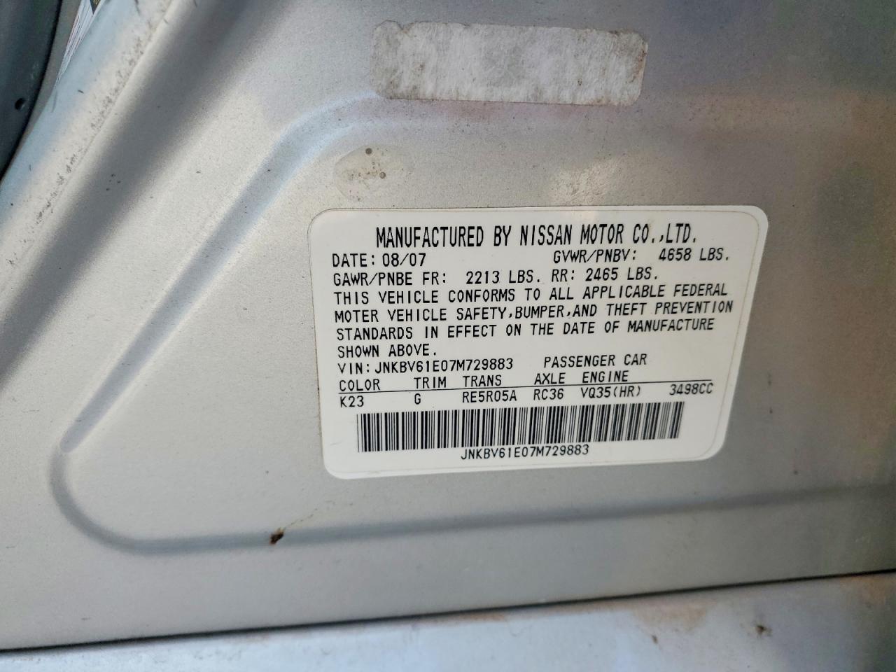 2007 Infiniti G35 Base Silver vin: JNKBV61E07M729883