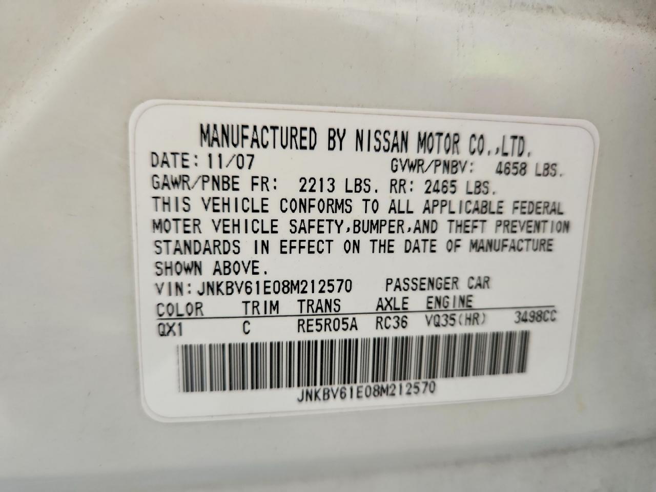2008 Infiniti G35 Base White vin: JNKBV61E08M212570