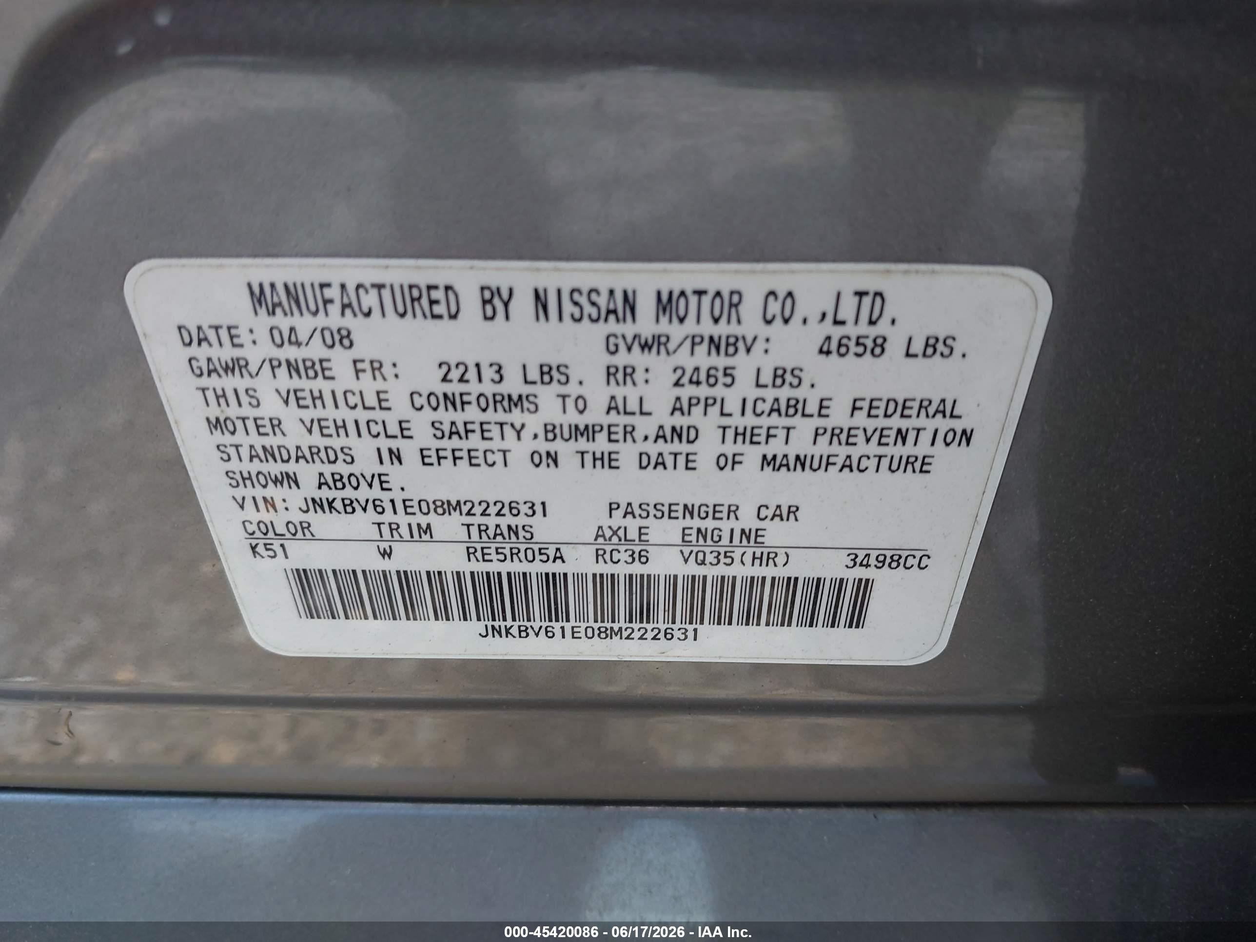2008 Infiniti G35 Journey Silver vin: JNKBV61E08M222631