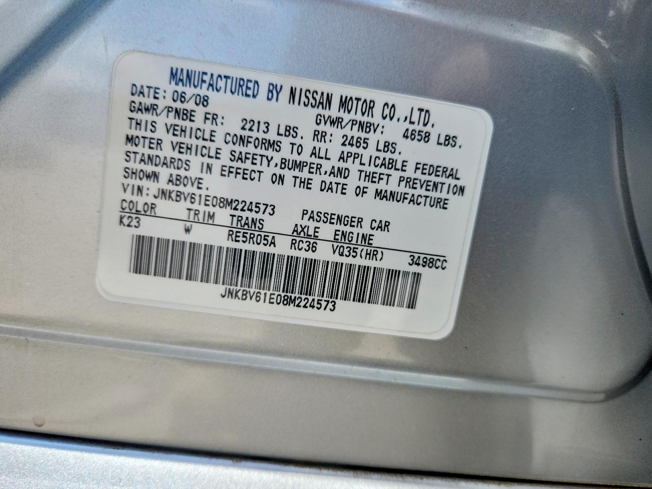 2008 Infiniti G35 Base Silver vin: JNKBV61E08M224573