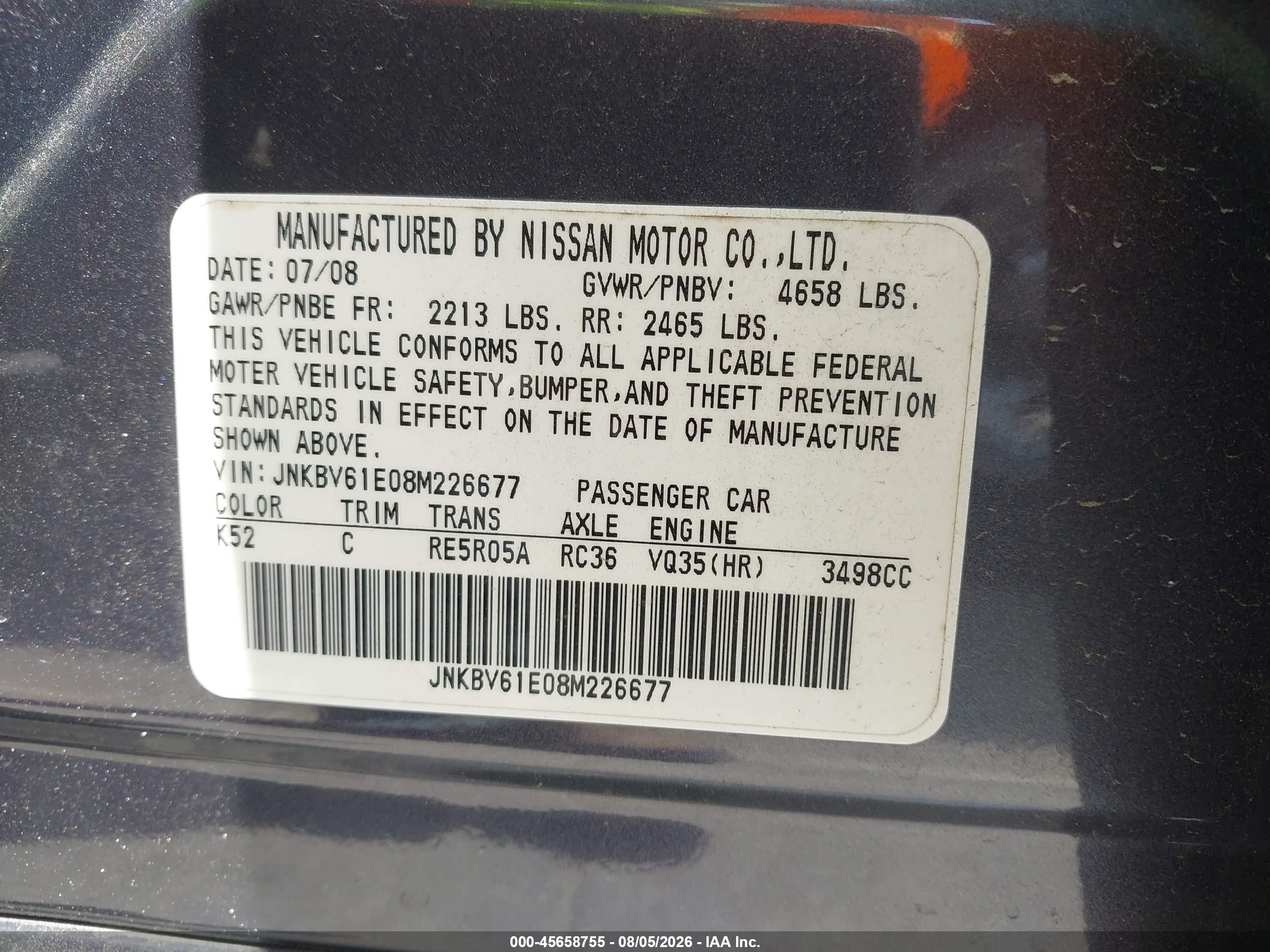 2008 Infiniti G35 Journey Gray vin: JNKBV61E08M226677