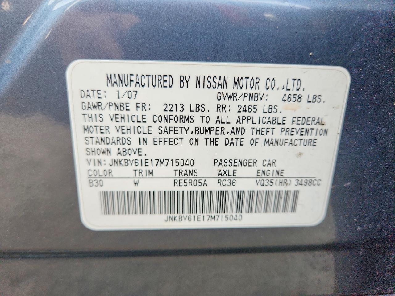 2007 Infiniti G35 Base Teal vin: JNKBV61E17M715040