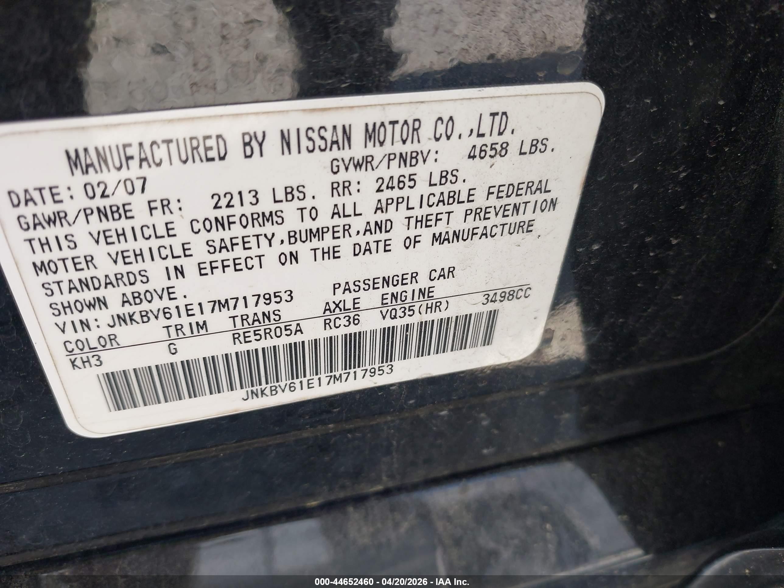2007 Infiniti G35 Journey Black vin: JNKBV61E17M717953