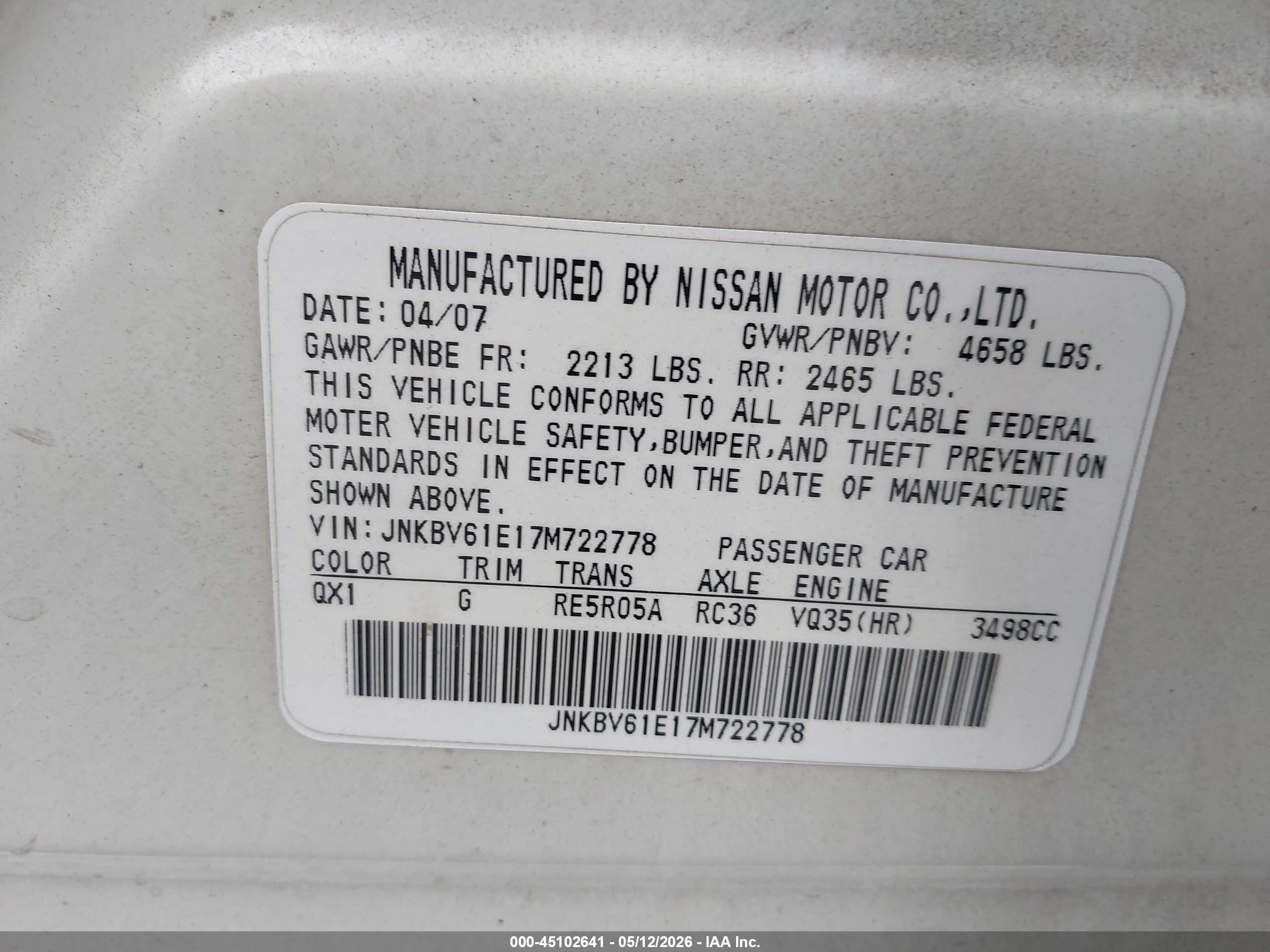 2007 Infiniti G35 Sport White vin: JNKBV61E17M722778