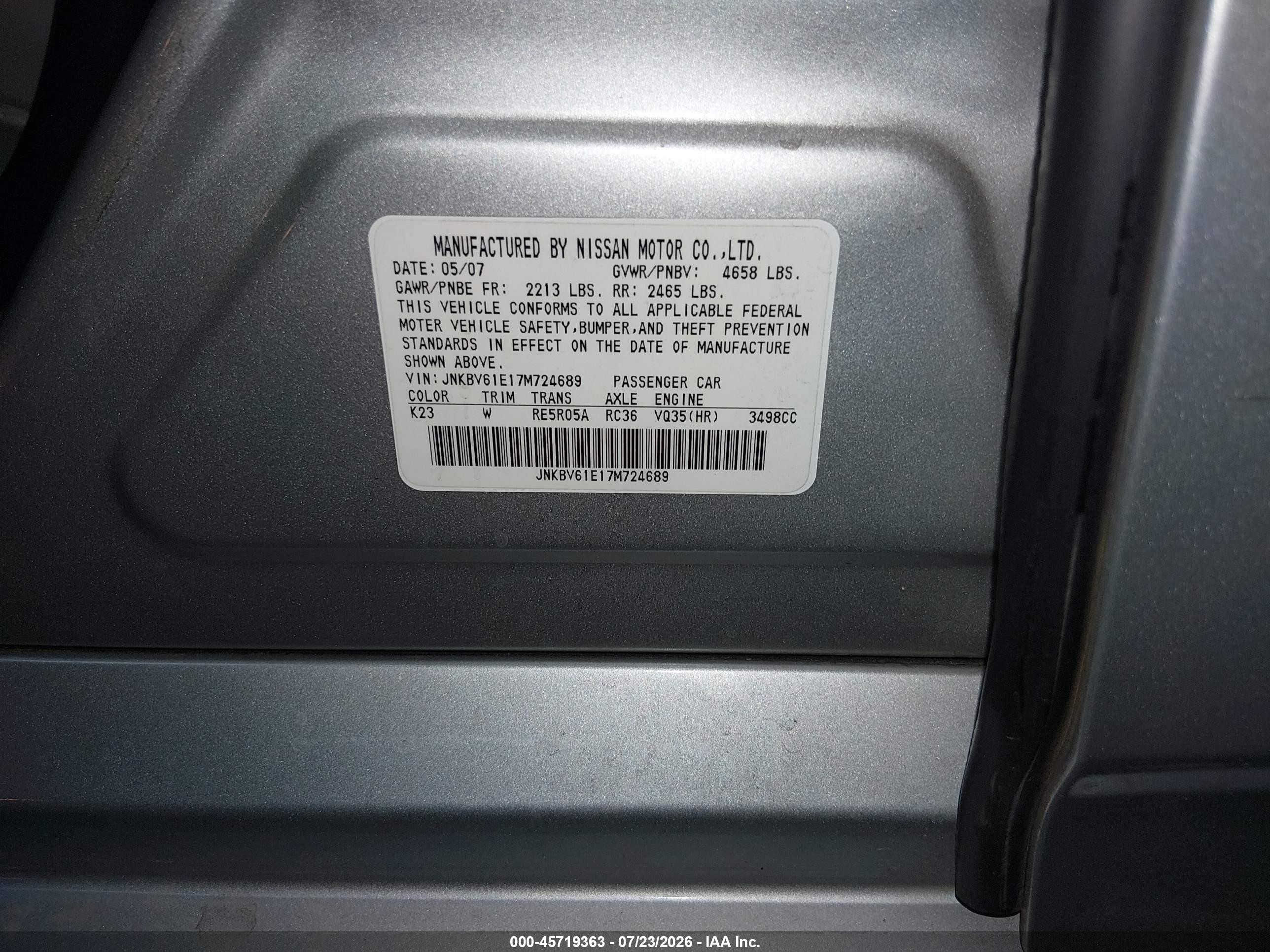 2007 Infiniti G35 Sport Silver vin: JNKBV61E17M724689