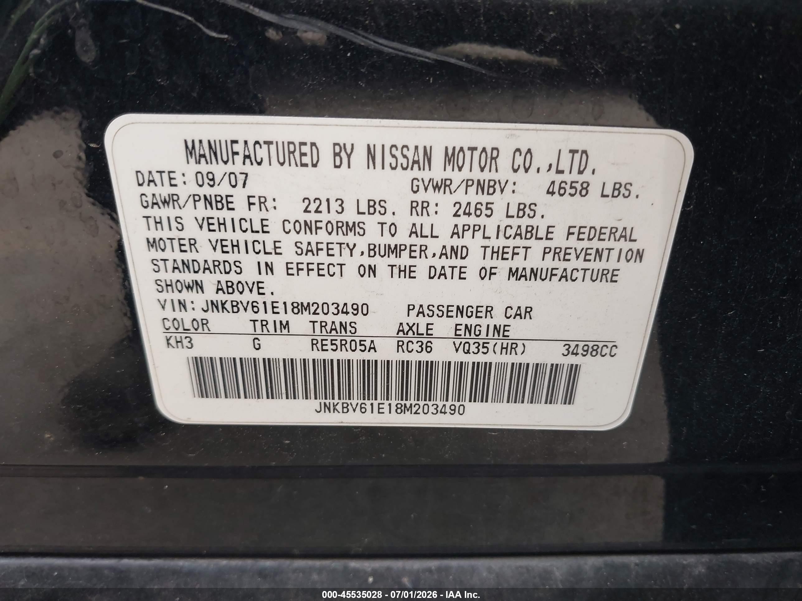 2008 Infiniti G35 Journey Black vin: JNKBV61E18M203490