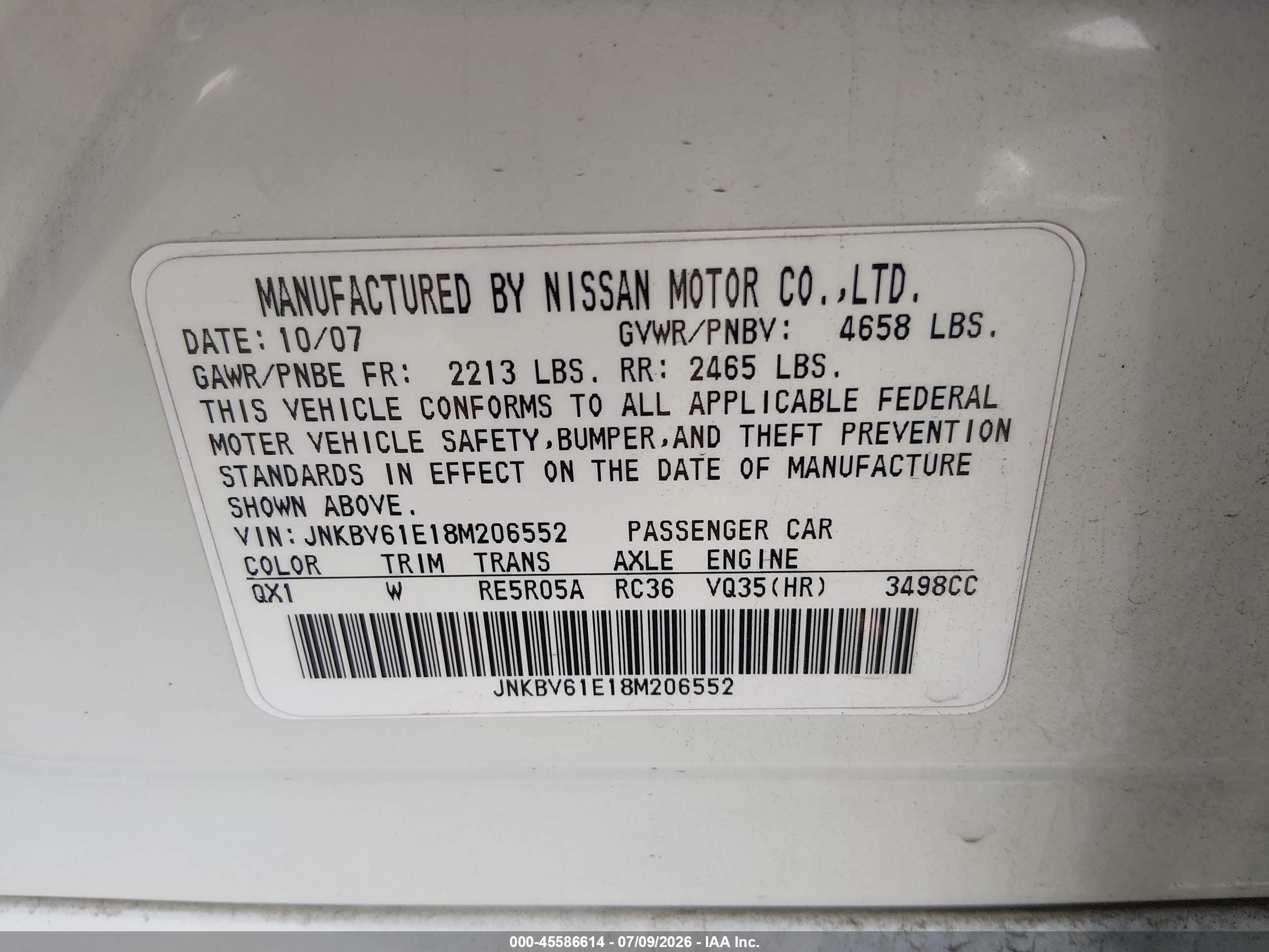 2008 Infiniti G35 Journey White vin: JNKBV61E18M206552