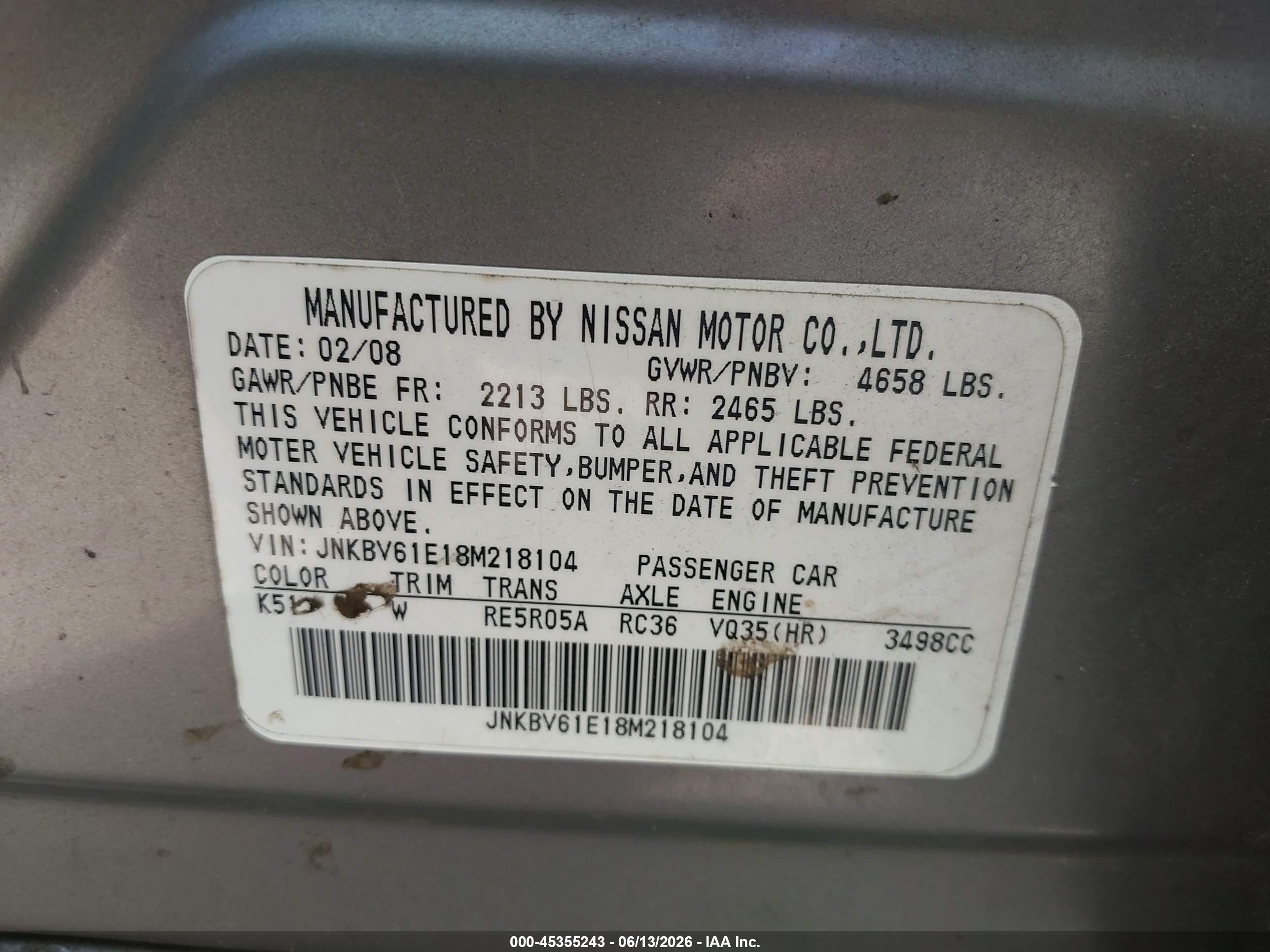 2008 Infiniti G35 Journey Gray vin: JNKBV61E18M218104