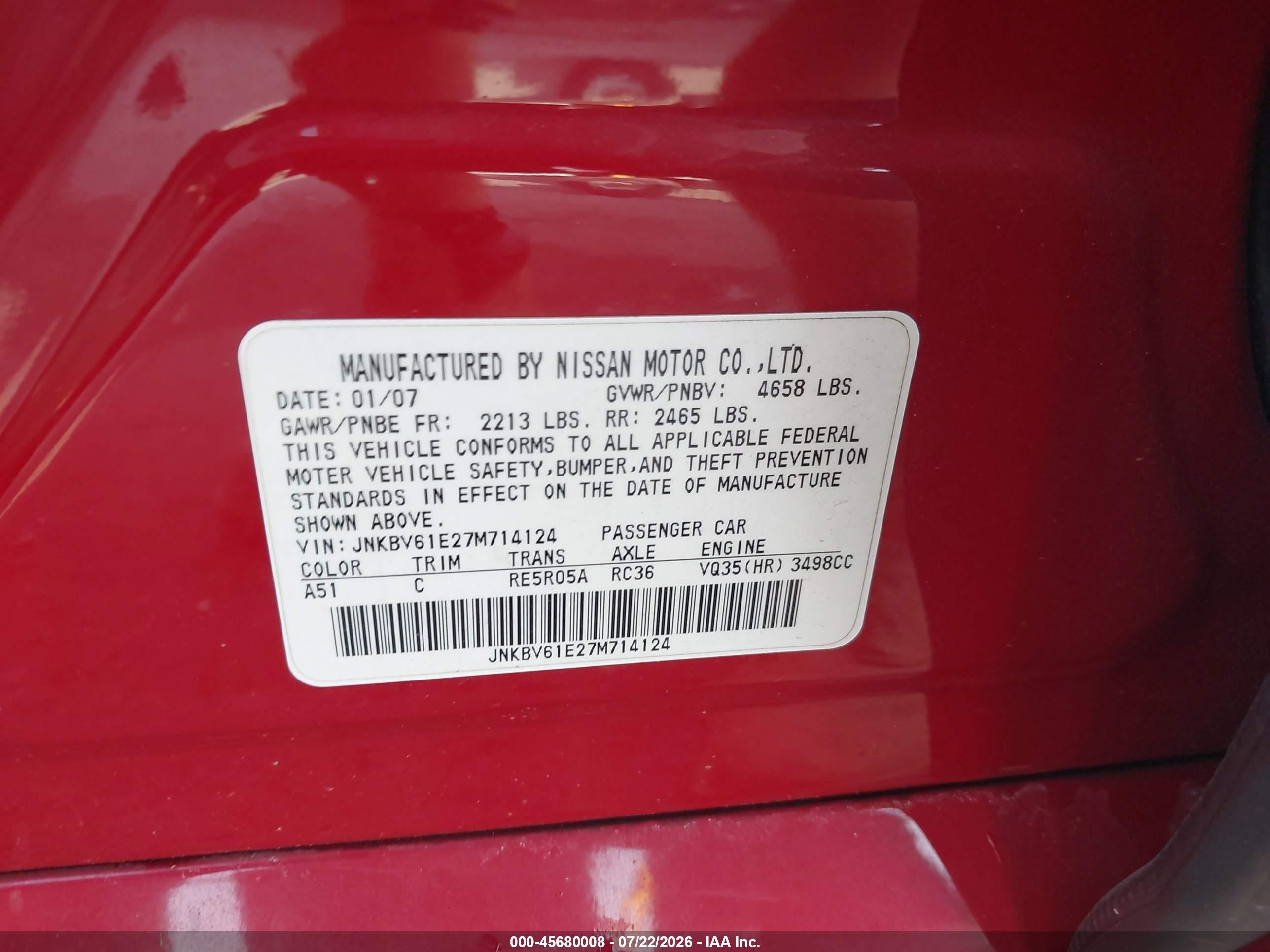 2007 Infiniti G35 Journey Red vin: JNKBV61E27M714124
