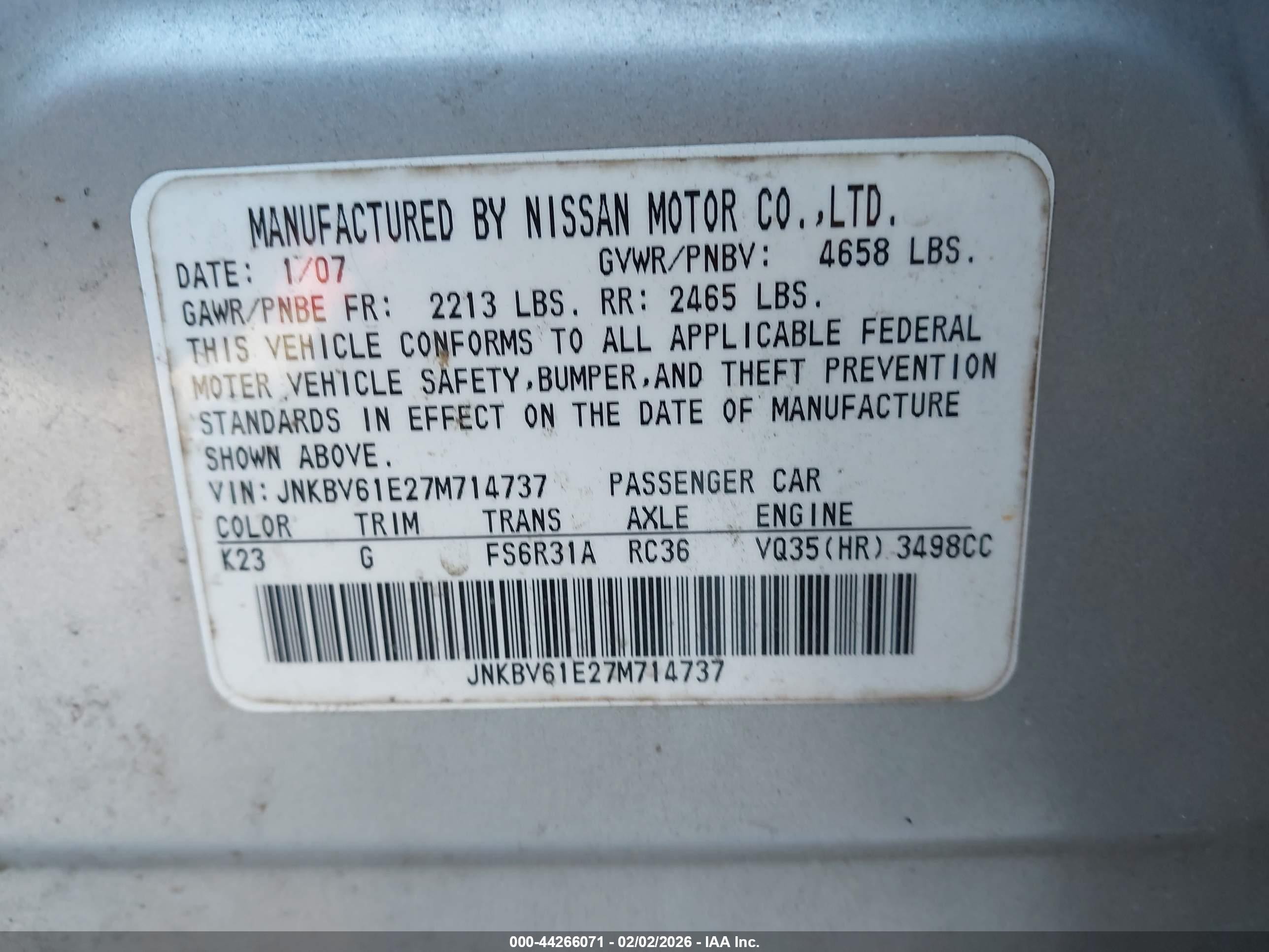 2007 Infiniti G35 Sport W/6-speed Manual Gray vin: JNKBV61E27M714737
