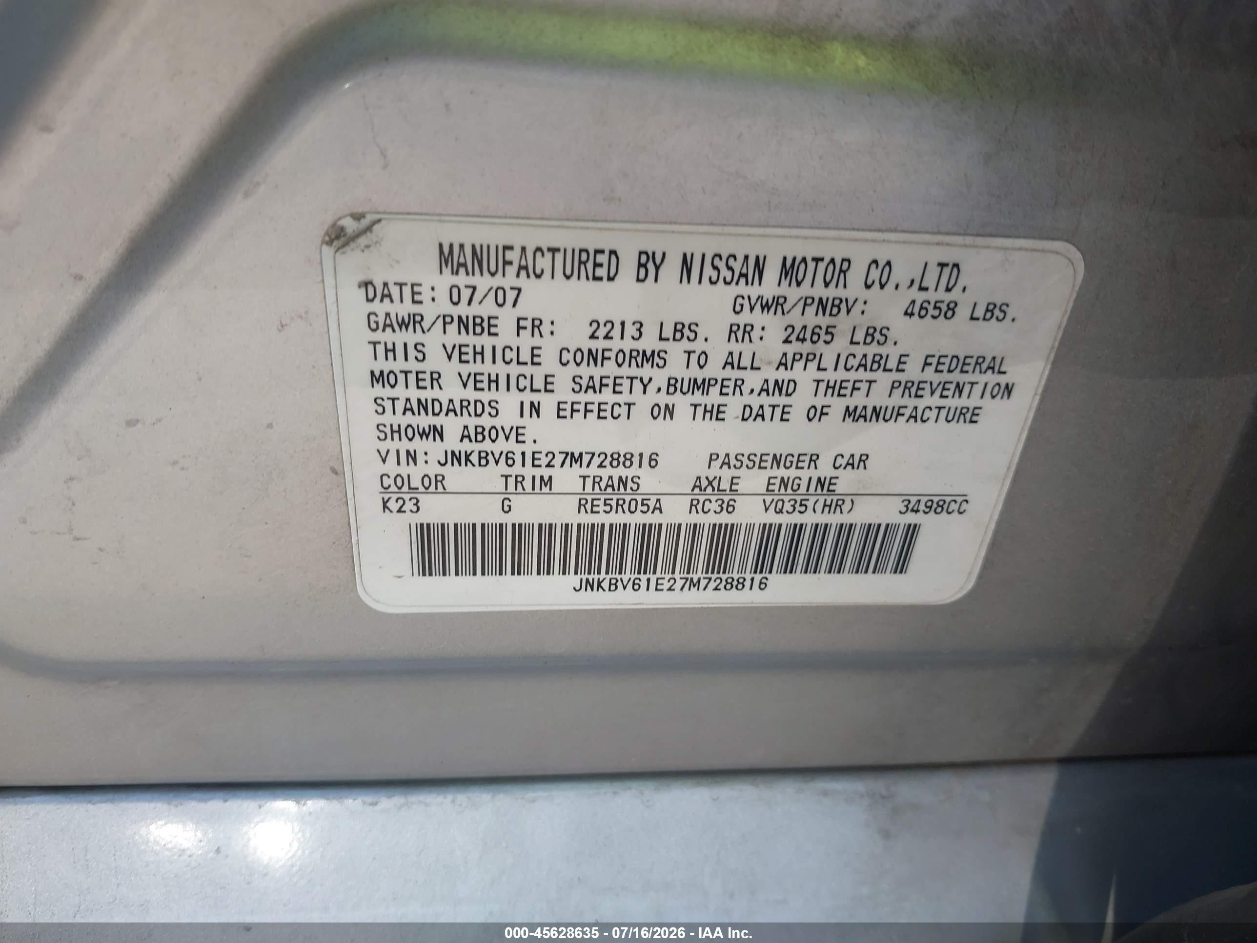 2007 Infiniti G35 Journey Silver vin: JNKBV61E27M728816