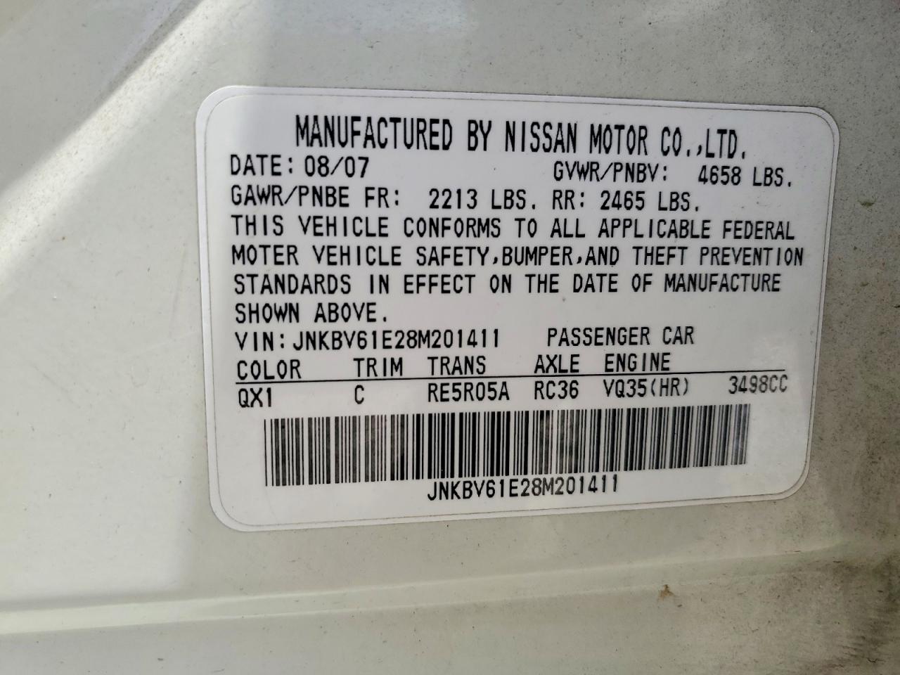 2008 Infiniti G35 Base White vin: JNKBV61E28M201411