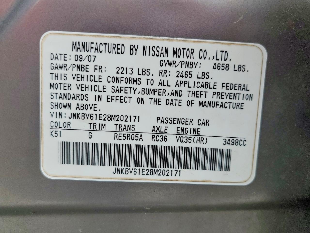 2008 Infiniti G35 Base Gray vin: JNKBV61E28M202171
