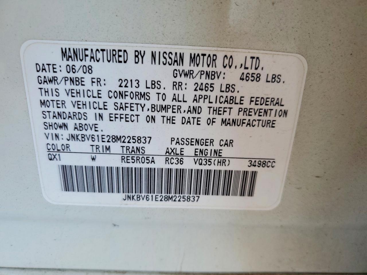 2008 Infiniti G35 Base White vin: JNKBV61E28M225837