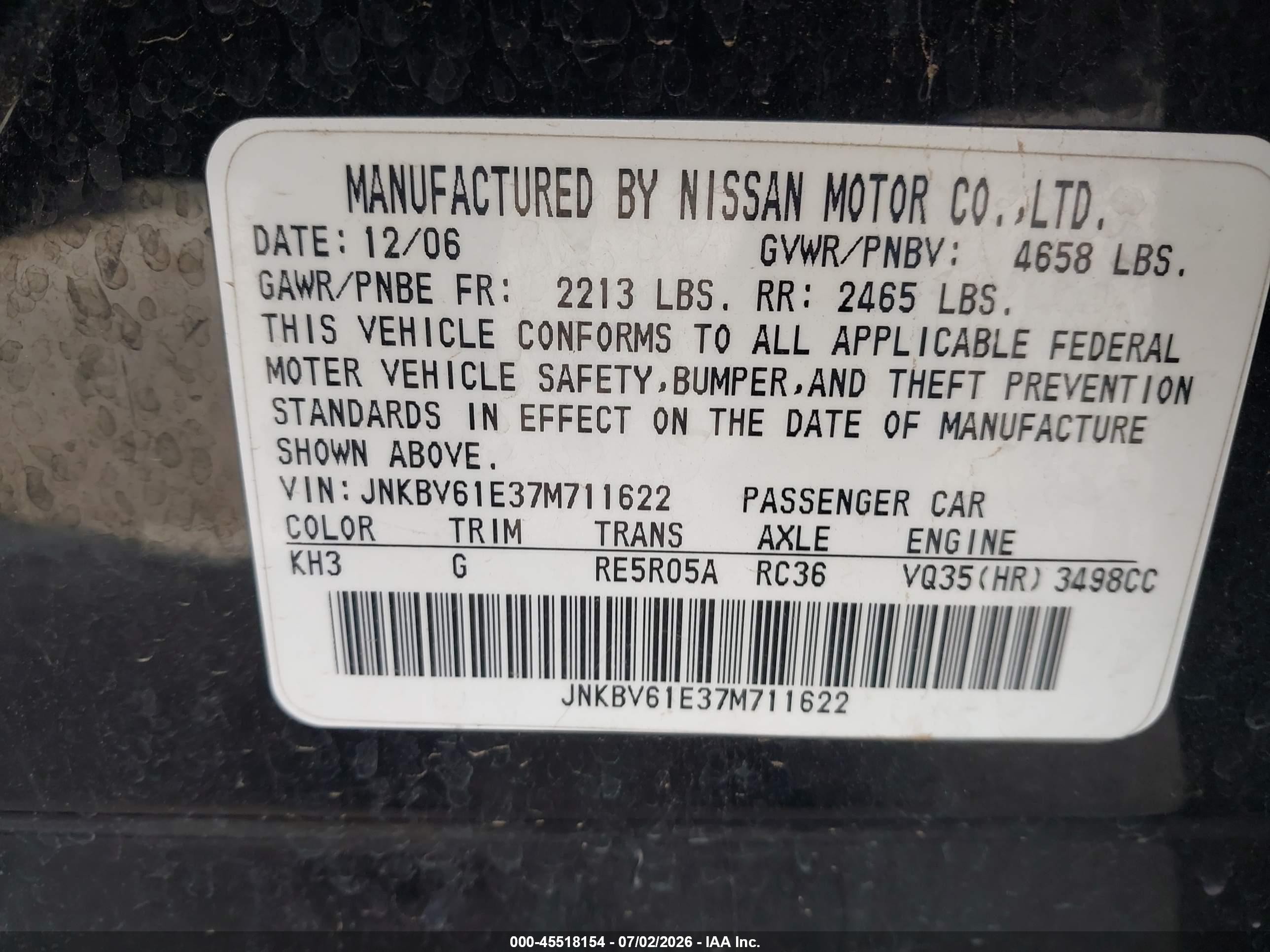 2007 Infiniti G35 Sport Black vin: JNKBV61E37M711622