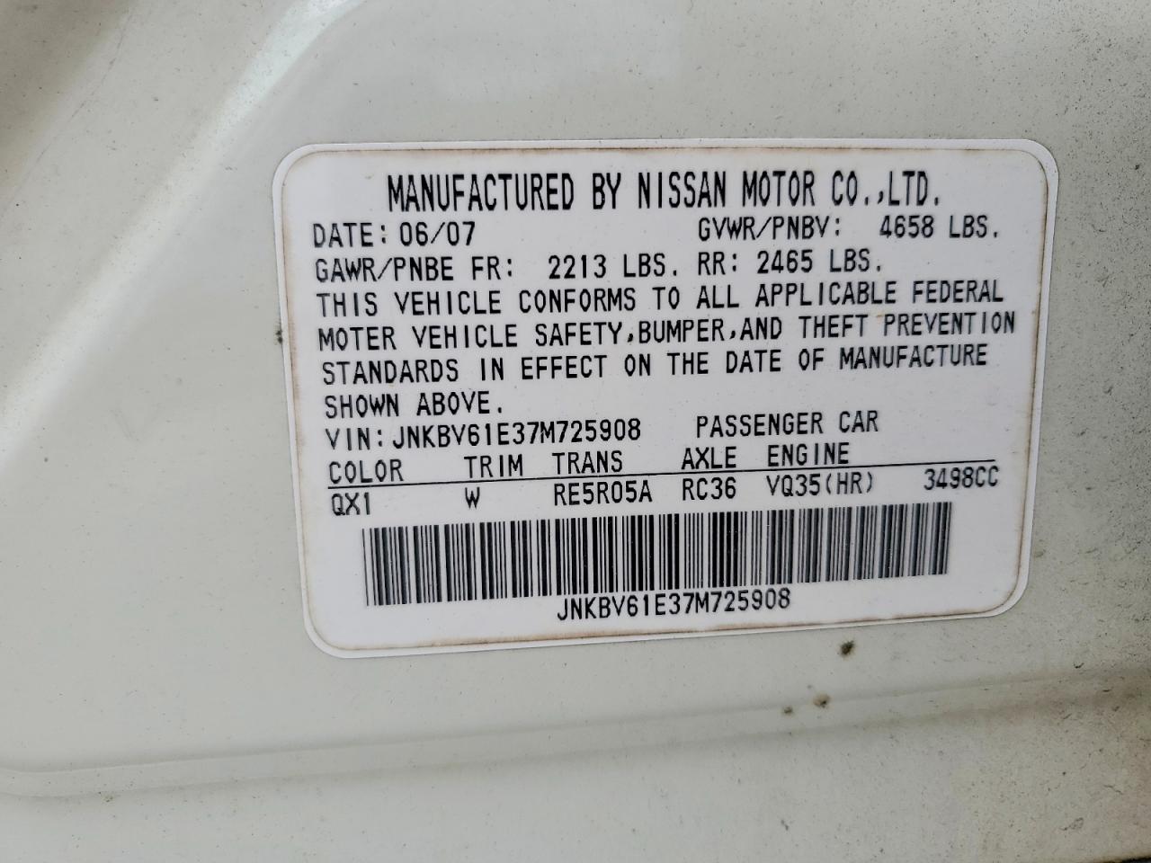 2007 Infiniti G35 Base White vin: JNKBV61E37M725908