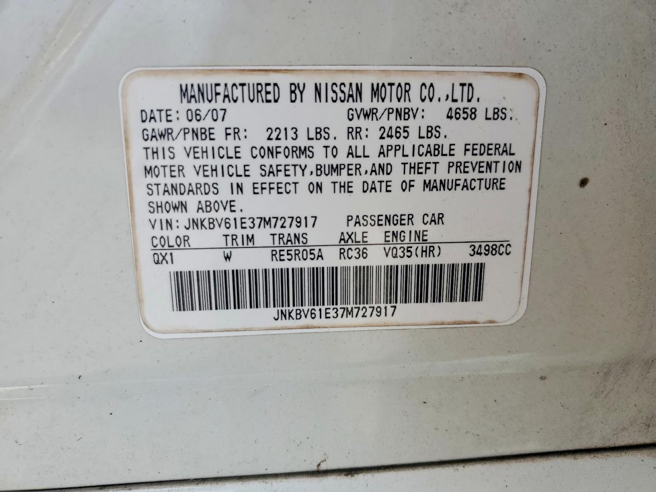 2007 Infiniti G35 Base White vin: JNKBV61E37M727917