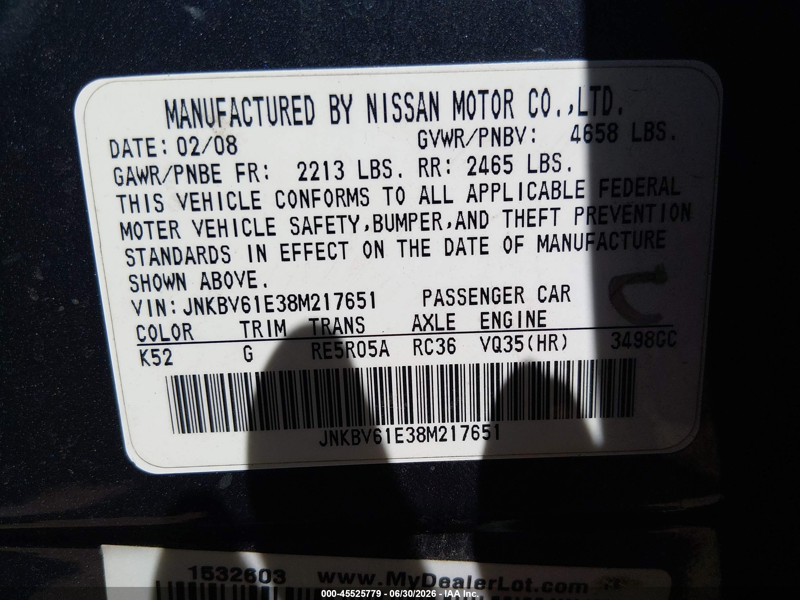 2008 Infiniti G35 Journey Gray vin: JNKBV61E38M217651