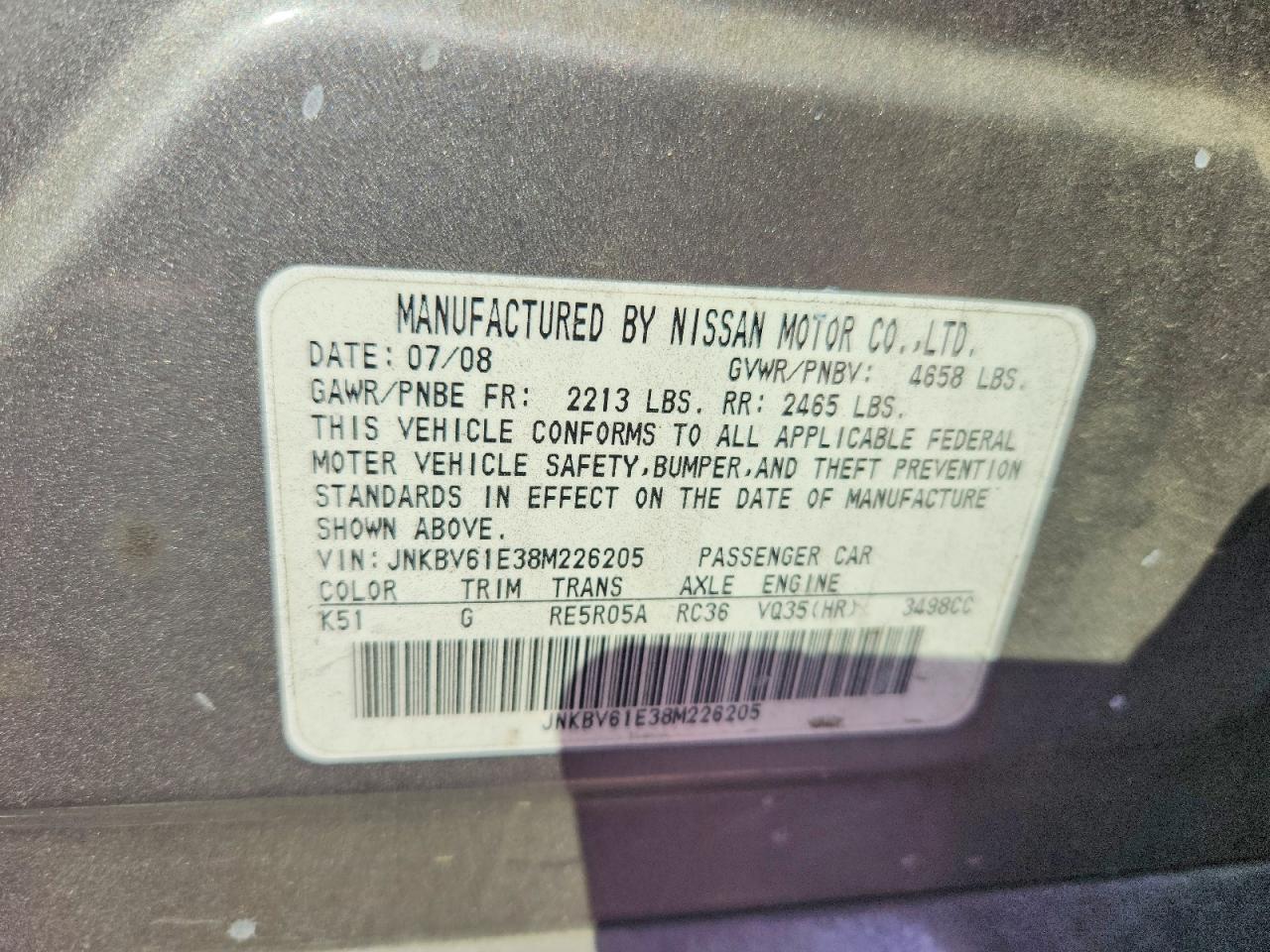 2008 Infiniti G35 Base Silver vin: JNKBV61E38M226205