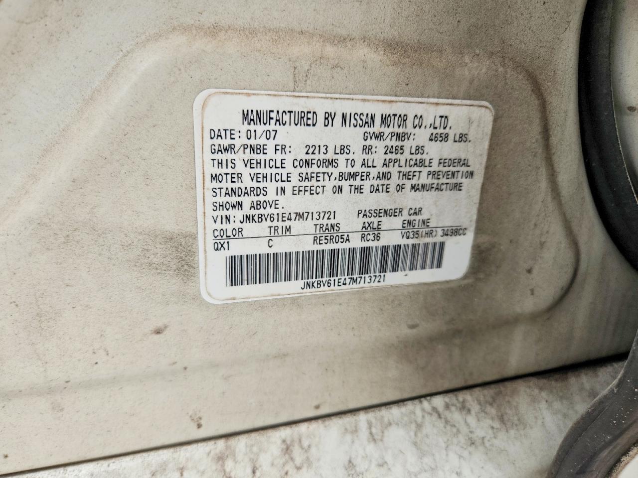 2007 Infiniti G35 Base Белый vin: JNKBV61E47M713721