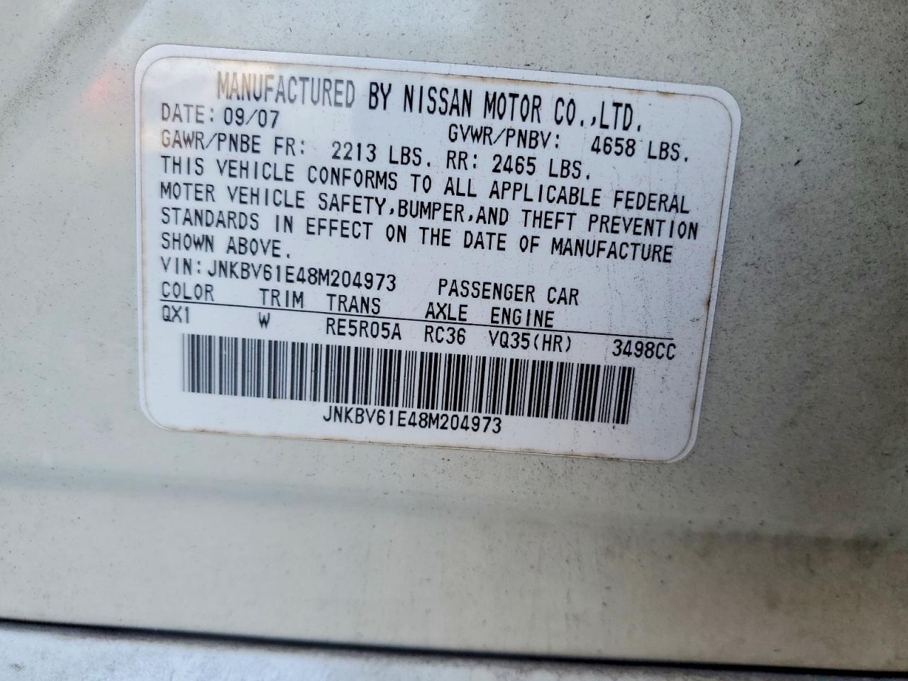 2008 Infiniti G35 White vin: JNKBV61E48M204973