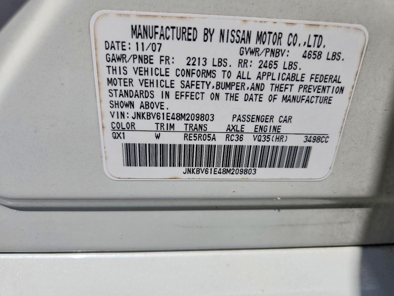 2008 Infiniti G35 Base White vin: JNKBV61E48M209803