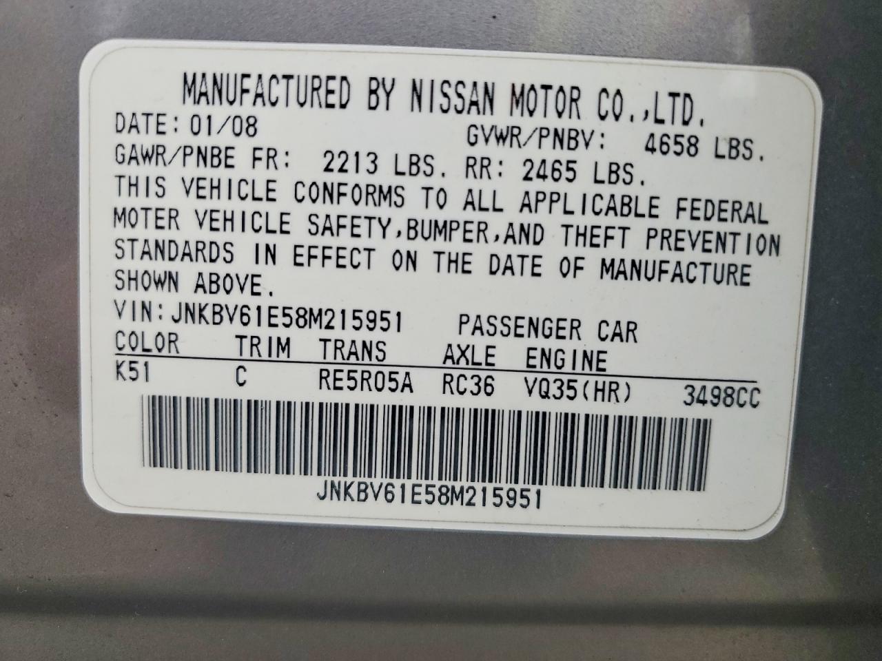 2008 Infiniti G35 Base Silver vin: JNKBV61E58M215951