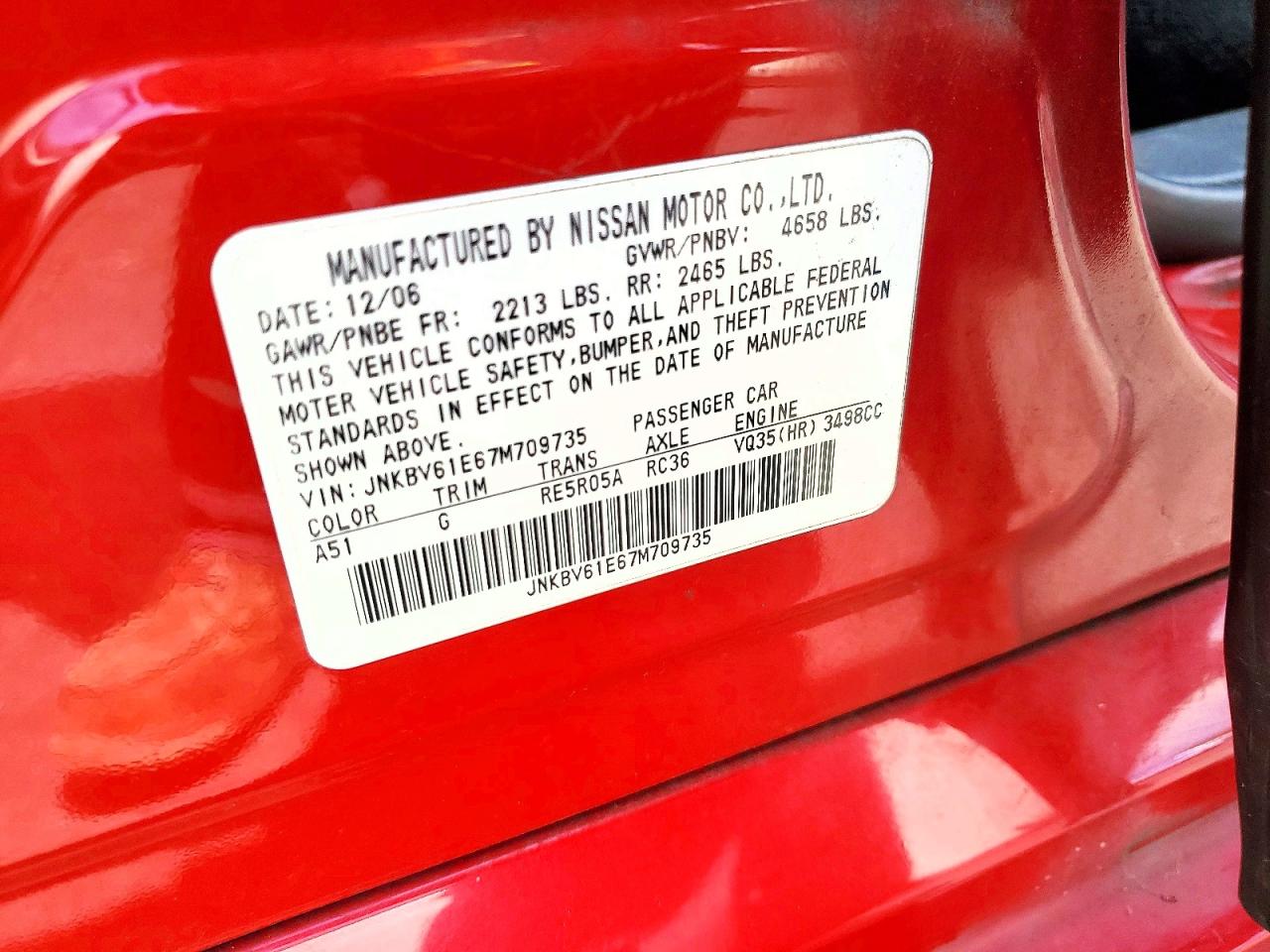 2007 Infiniti G35 Base Red vin: JNKBV61E67M709735