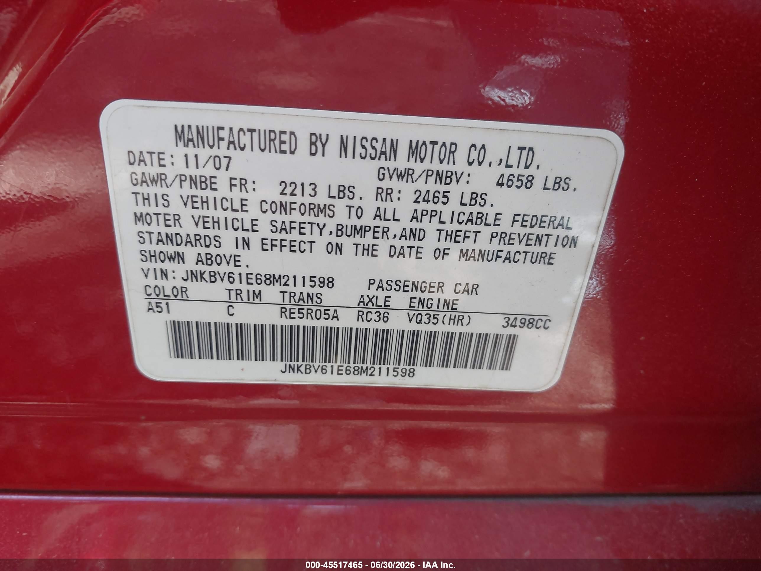 2008 Infiniti G35 Journey Red vin: JNKBV61E68M211598