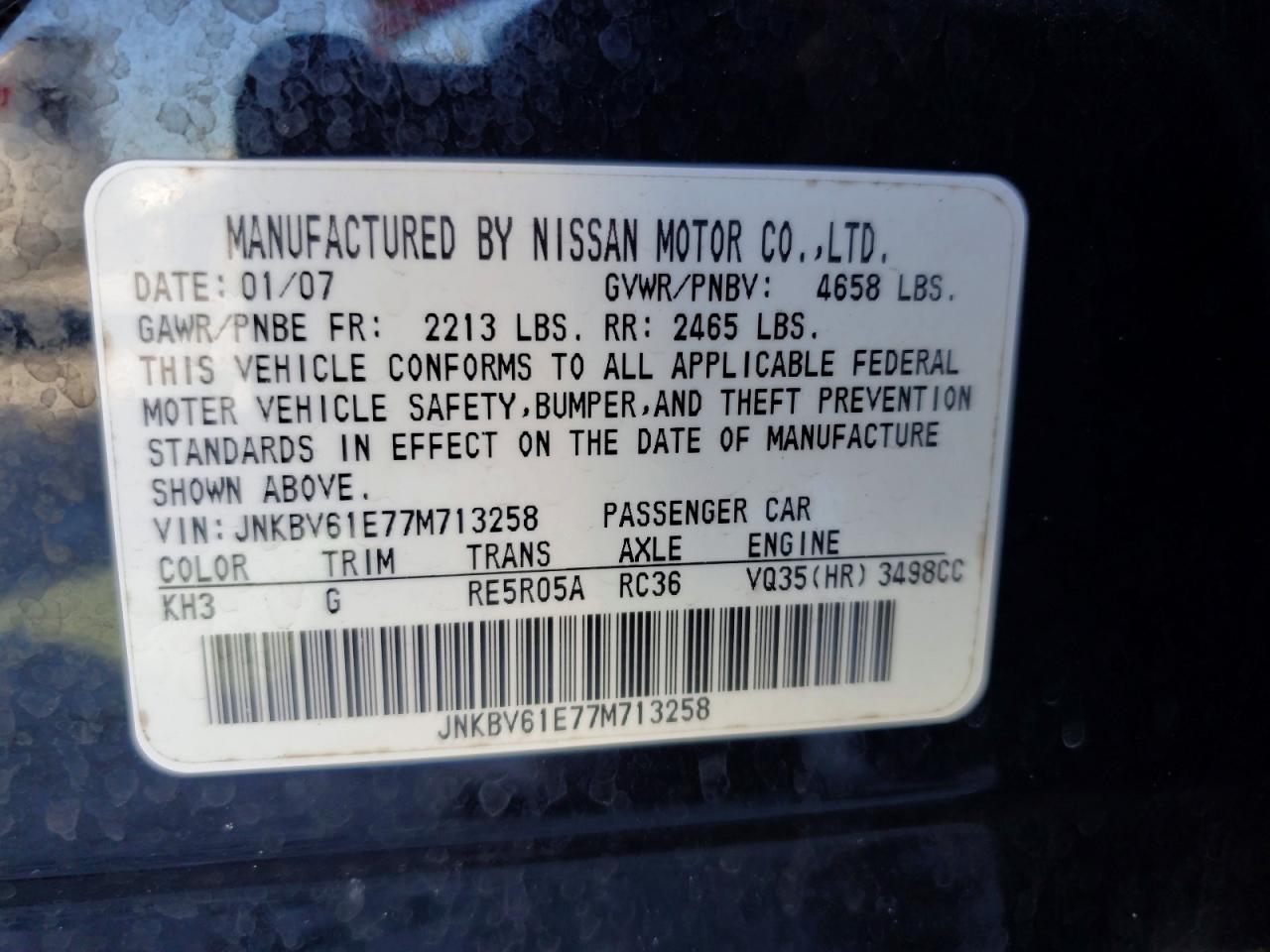 2007 Infiniti G35 Base Черный vin: JNKBV61E77M713258