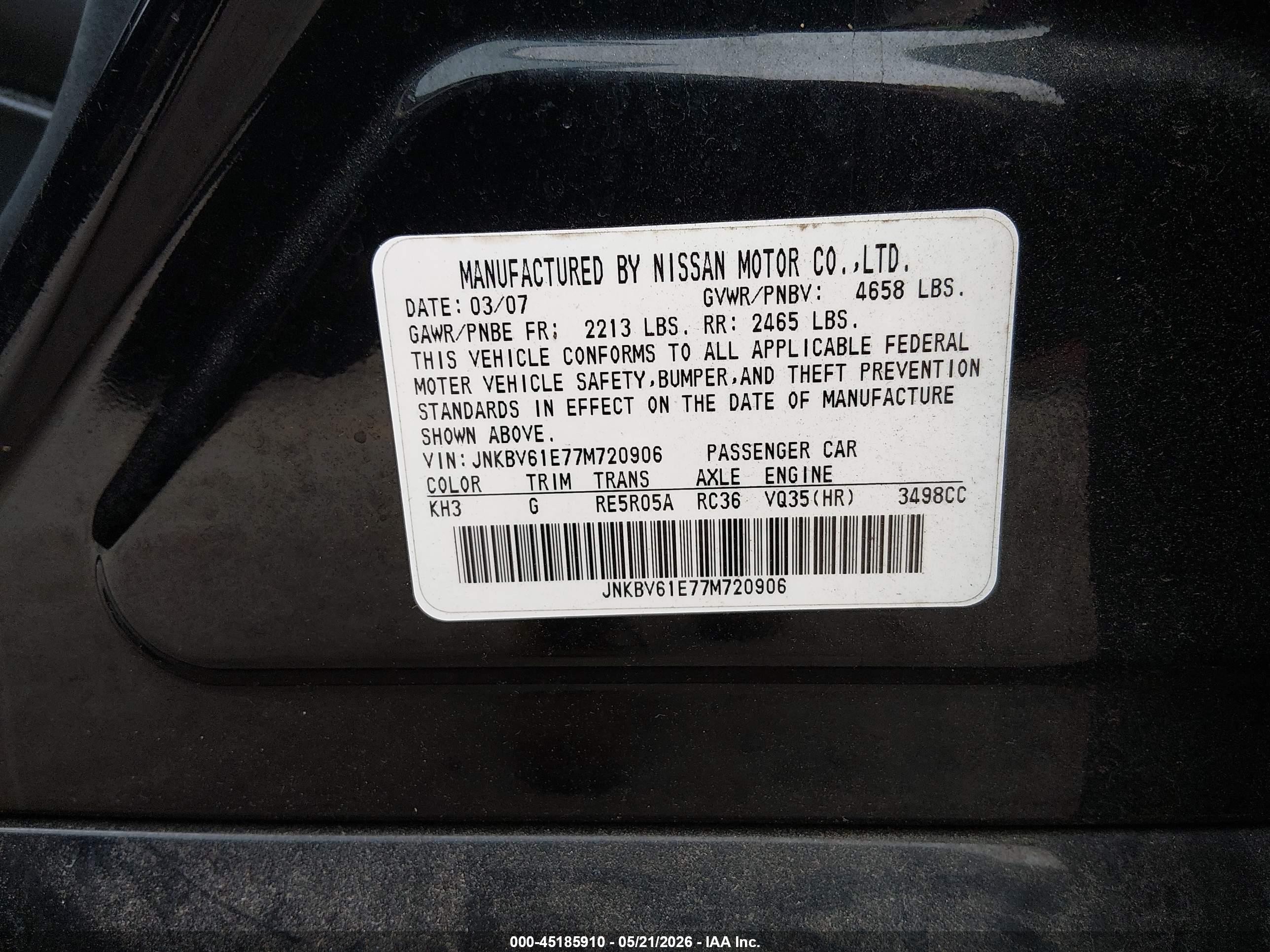 2007 Infiniti G35 Sport Black vin: JNKBV61E77M720906
