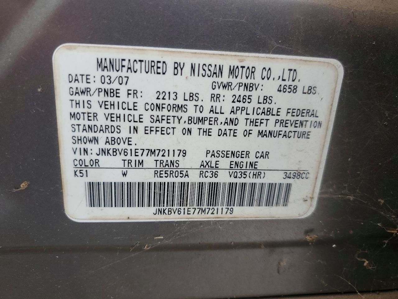2007 Infiniti G35 Base Silver vin: JNKBV61E77M721179