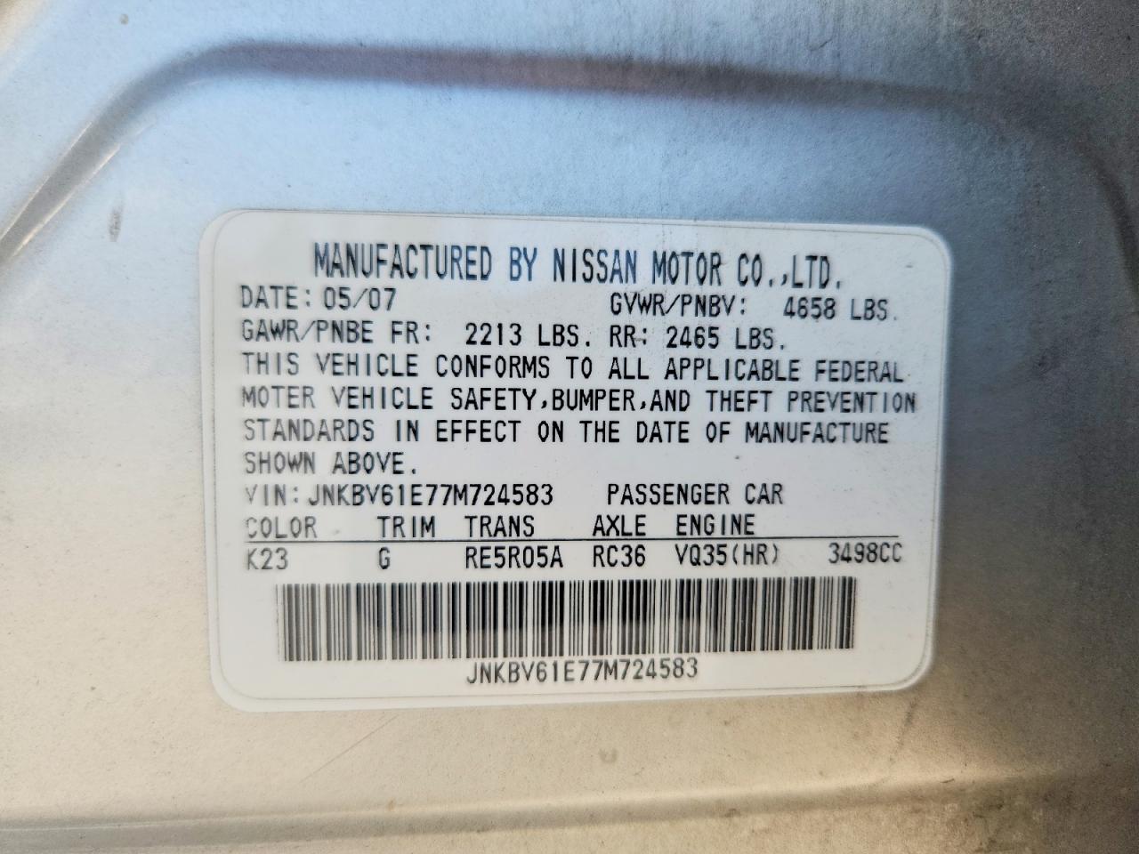 2007 Infiniti G35 Base Silver vin: JNKBV61E77M724583