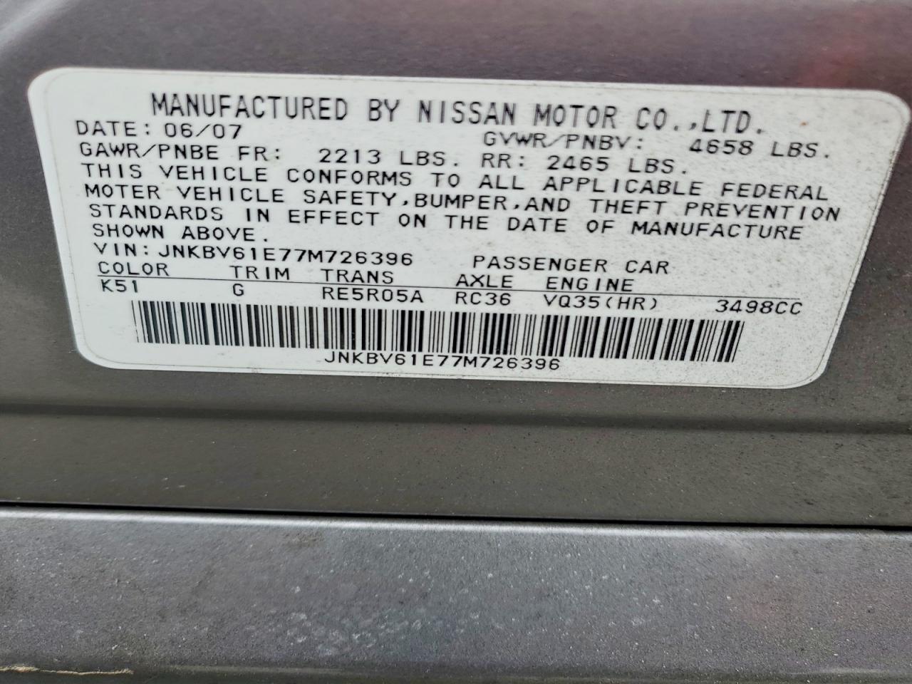 2007 Infiniti G35 Base Gray vin: JNKBV61E77M726396