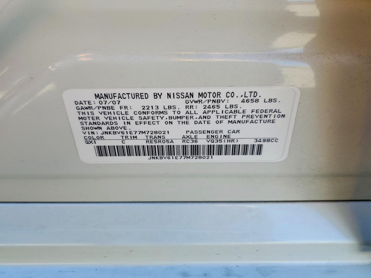 2007 Infiniti G35 Base White vin: JNKBV61E77M728021