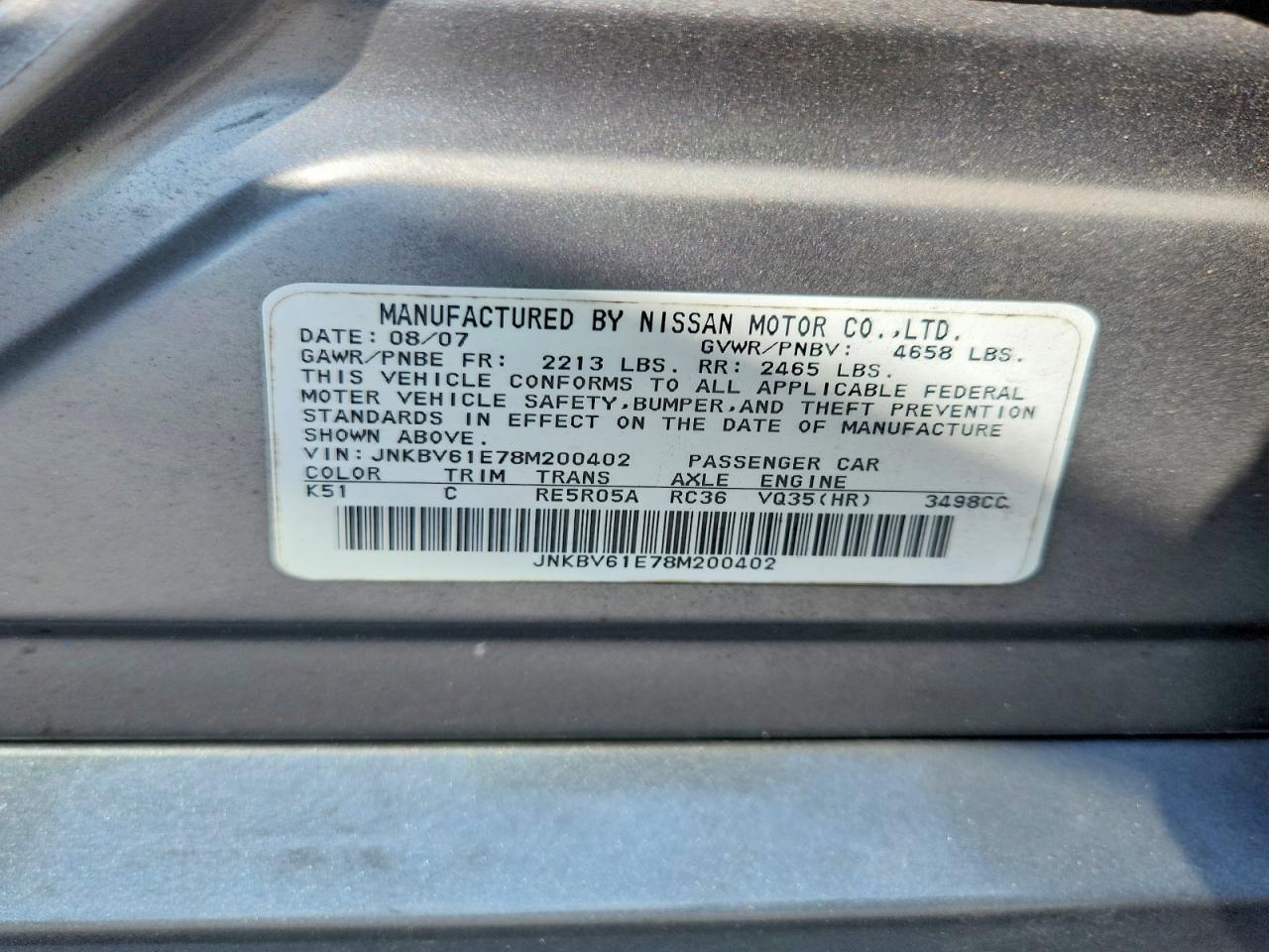 2008 Infiniti G35 Base Gray vin: JNKBV61E78M200402