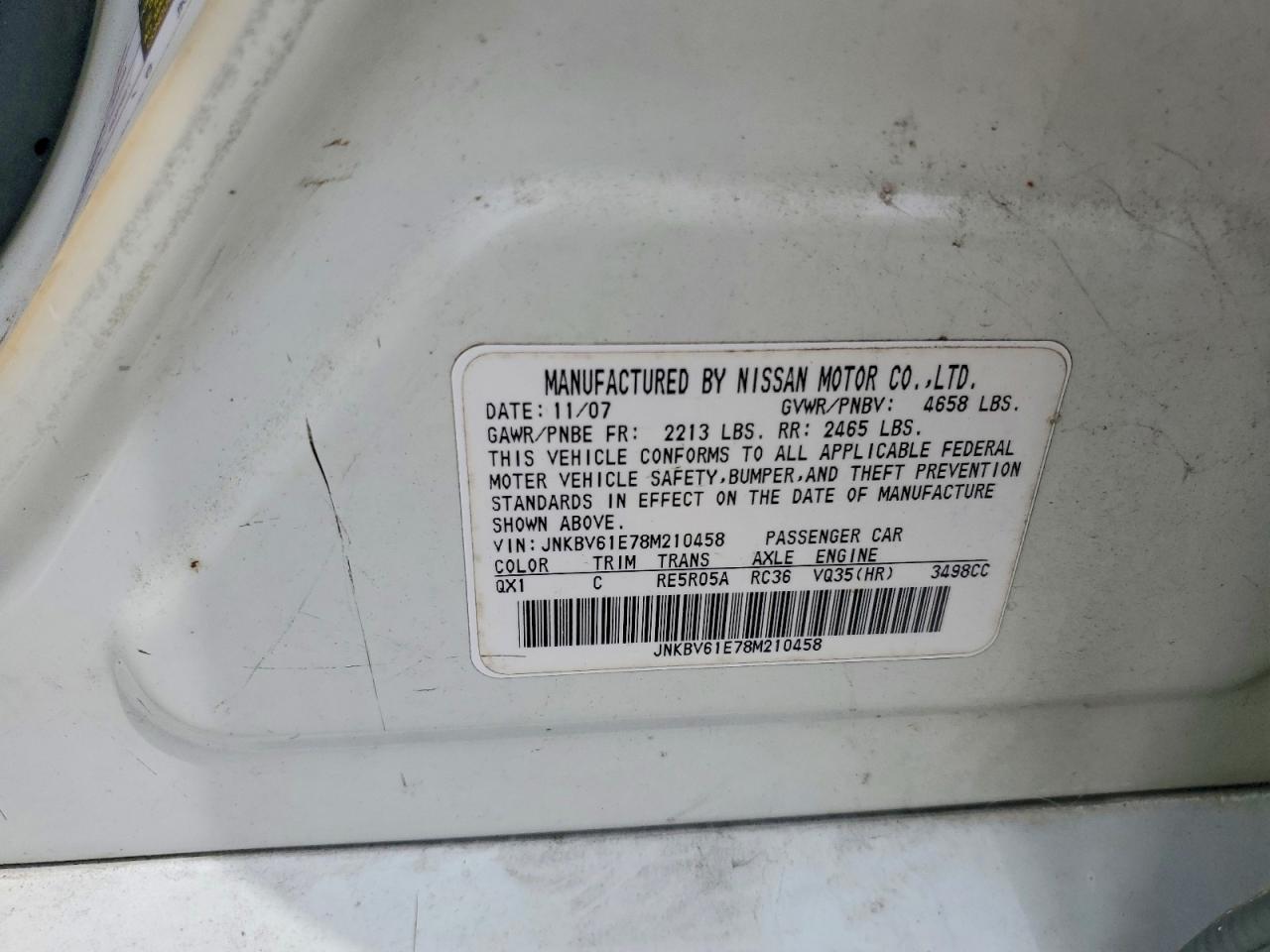 2008 Infiniti G35 Base White vin: JNKBV61E78M210458