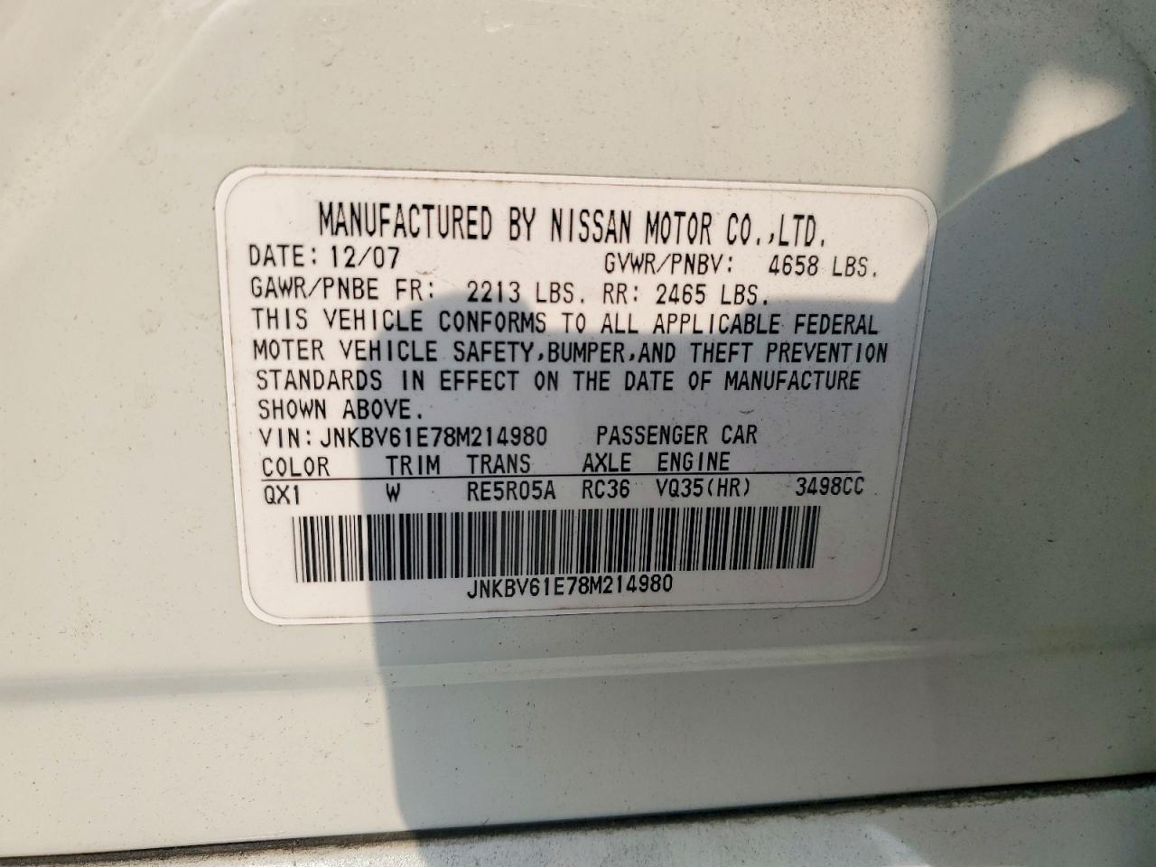 2008 Infiniti G35 Base White vin: JNKBV61E78M214980