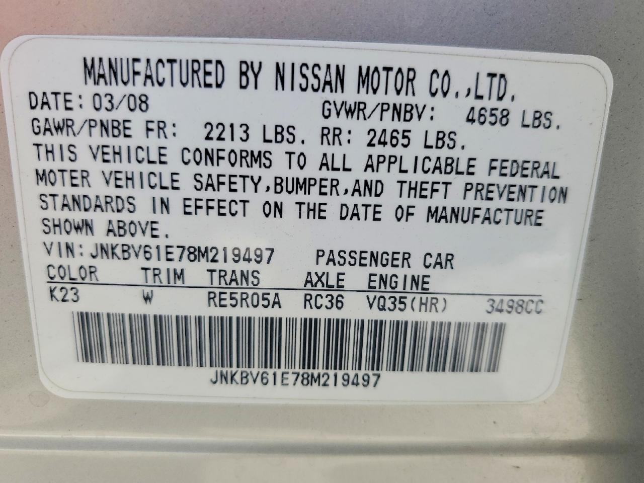 2008 Infiniti G35 Base Silver vin: JNKBV61E78M219497