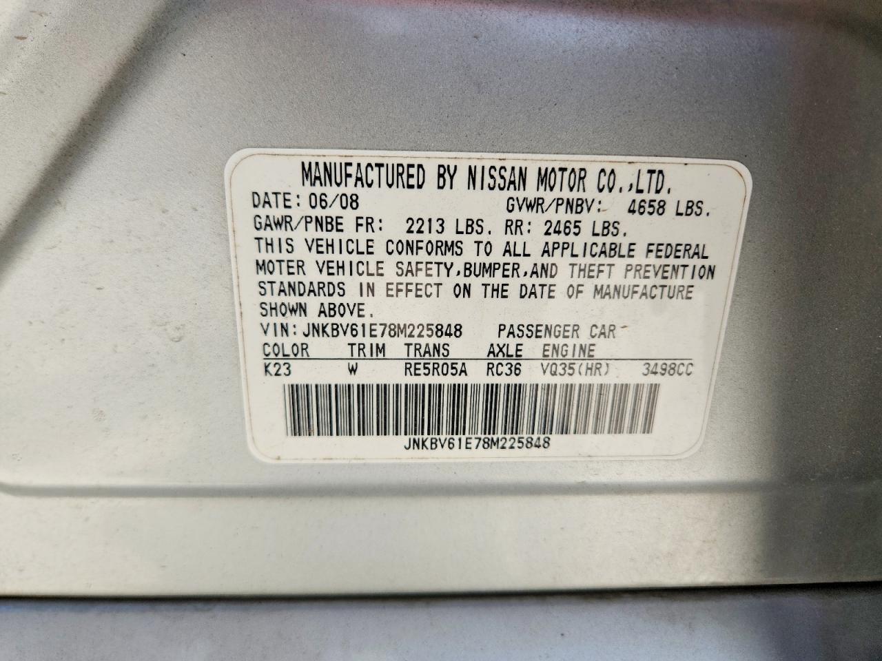 2008 Infiniti G35 Base Silver vin: JNKBV61E78M225848