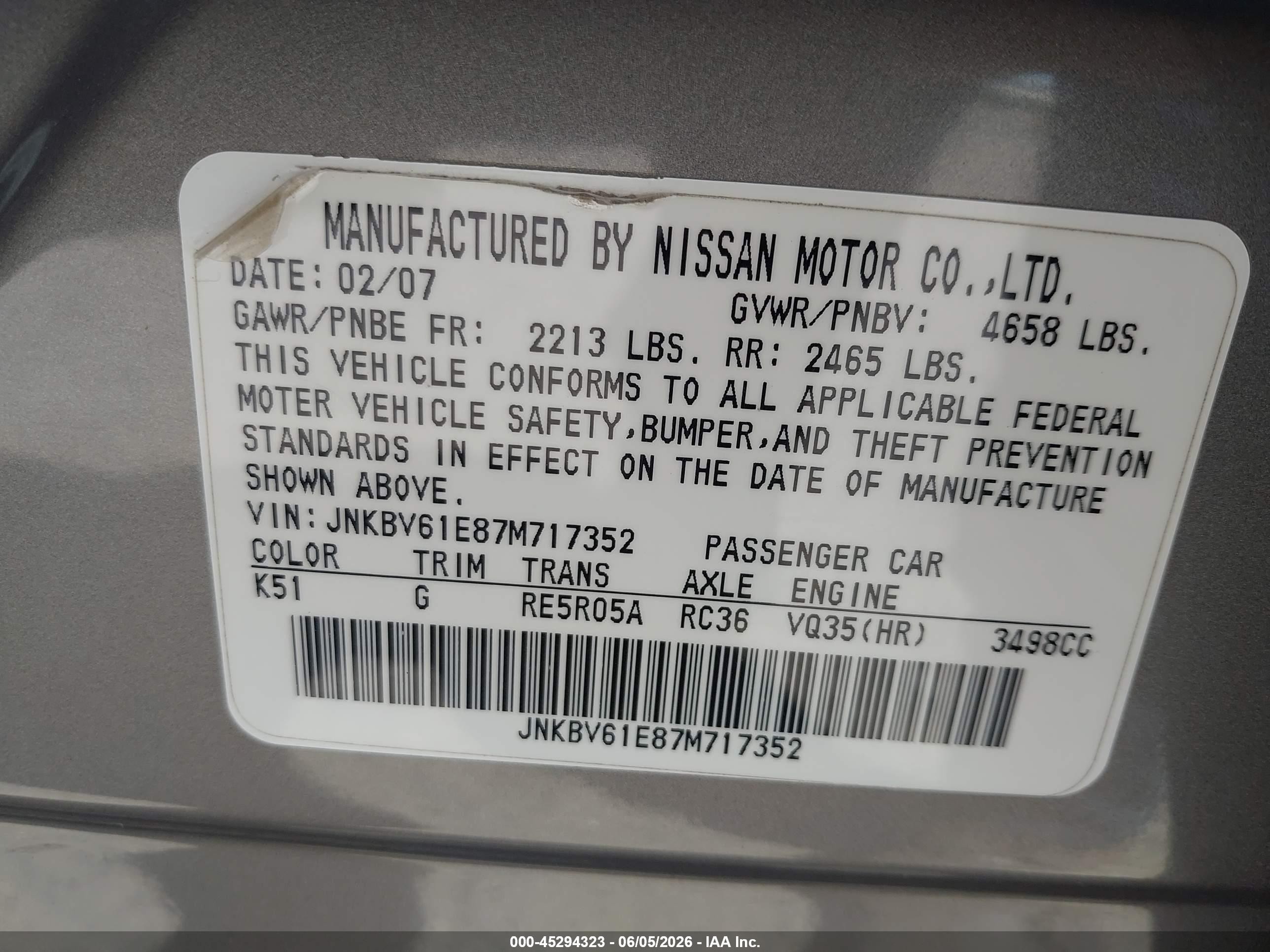 2007 Infiniti G35 Journey Gray vin: JNKBV61E87M717352